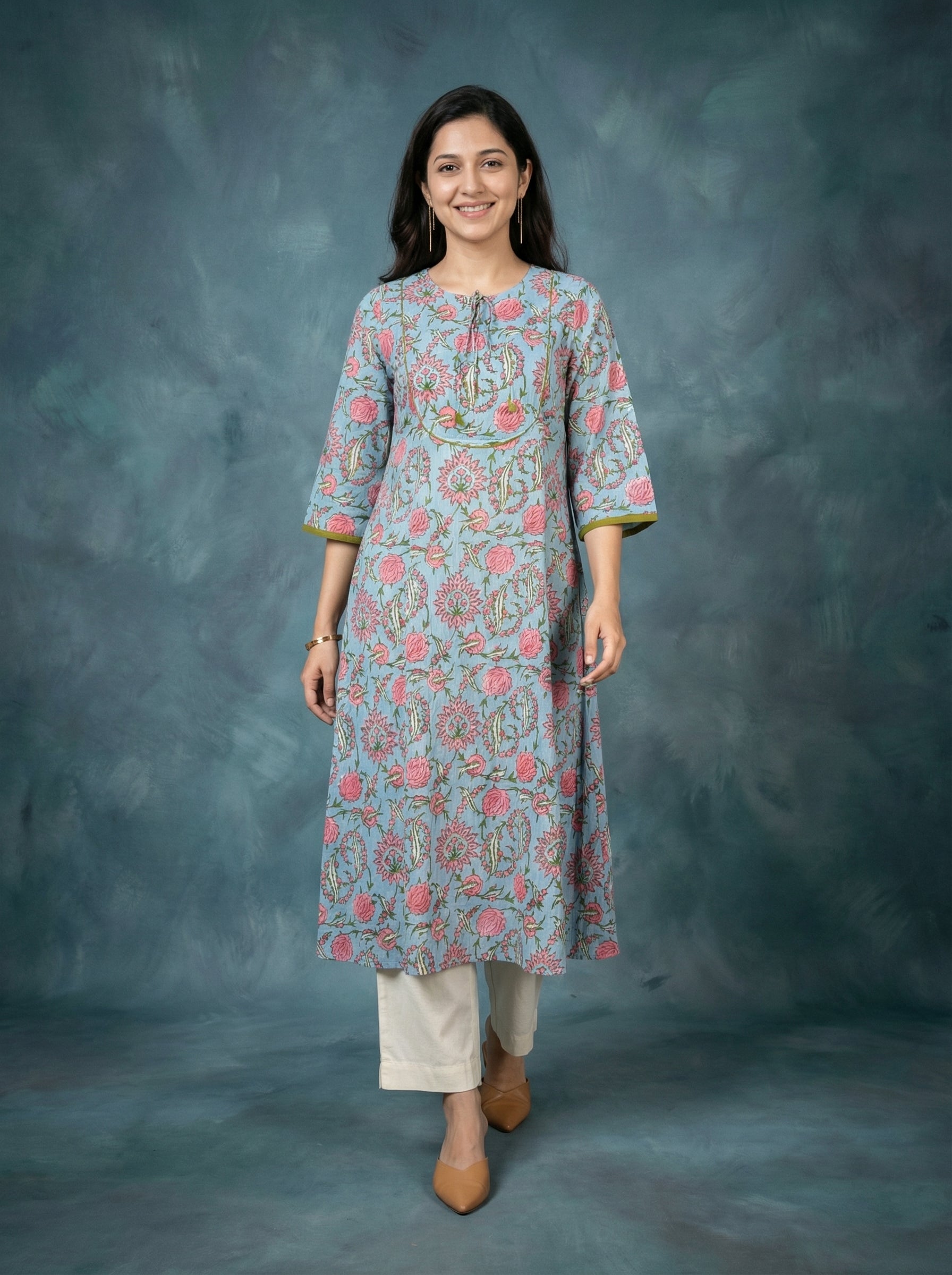 Jazz Waves Cotton Sky Blue Yoke Kurta