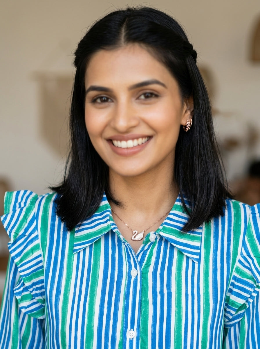 FRILL BLUE/GREEN FINE COTTON TOP (HANDPRINTED)