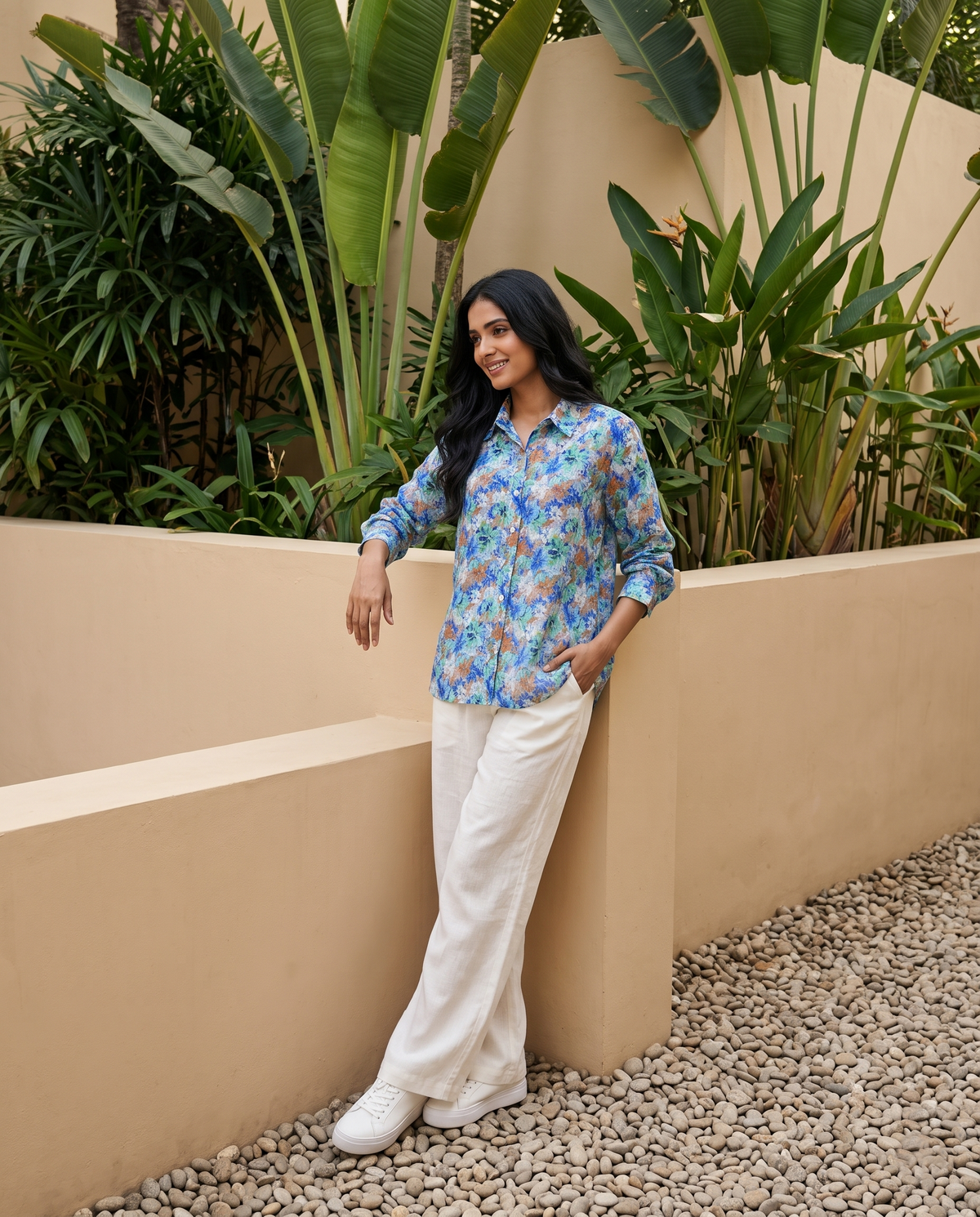 Bamboo Silk 150 GM Ocean Blue Abstract Floral Shirt
