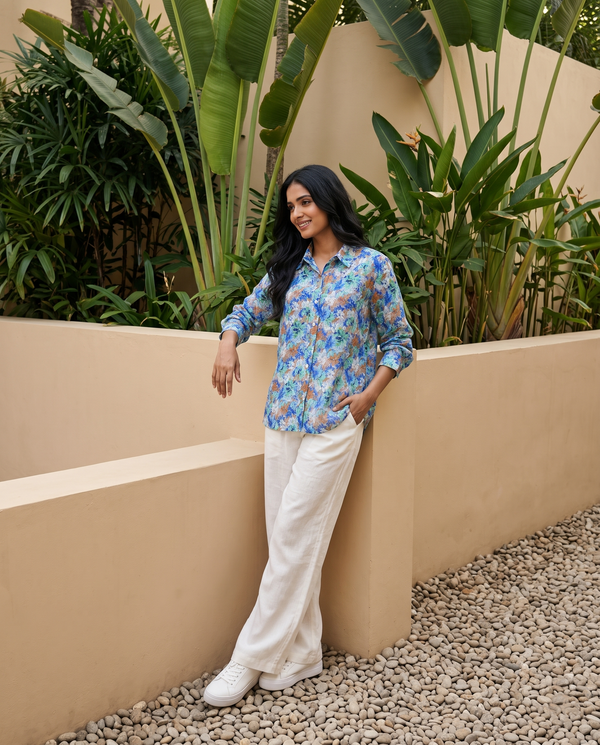Bamboo Silk 150 GM Ocean Blue Abstract Floral Shirt