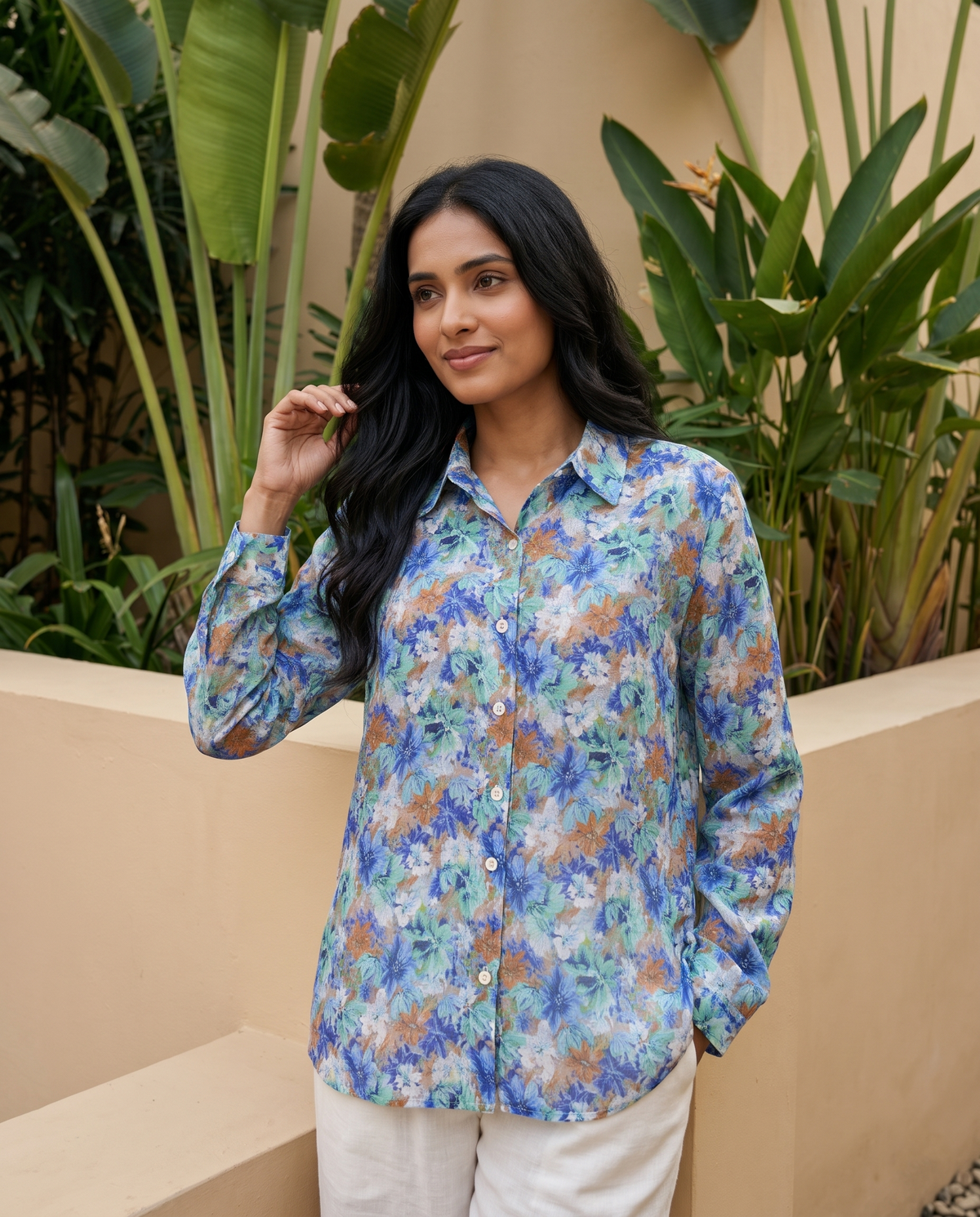 Bamboo Silk 150 GM Ocean Blue Abstract Floral Shirt