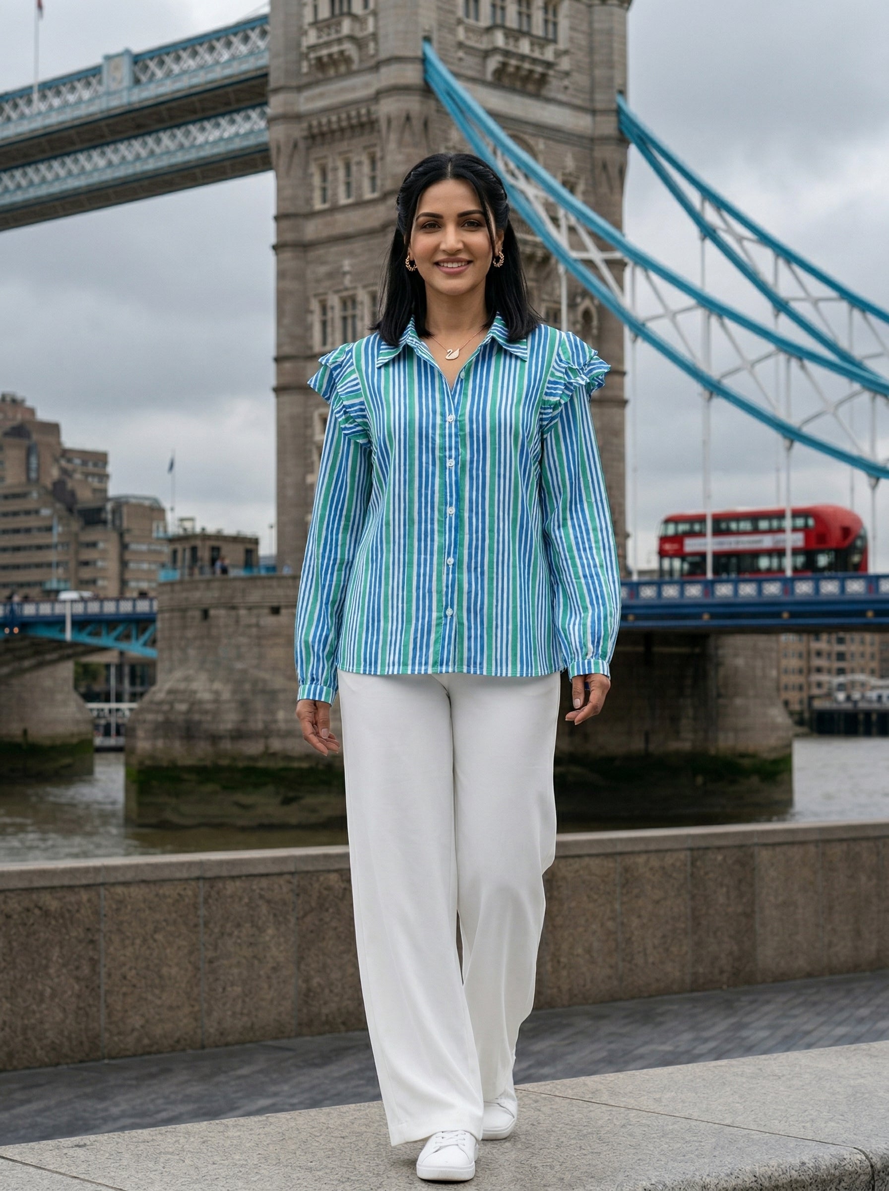 FRILL BLUE/GREEN FINE COTTON TOP (HANDPRINTED)