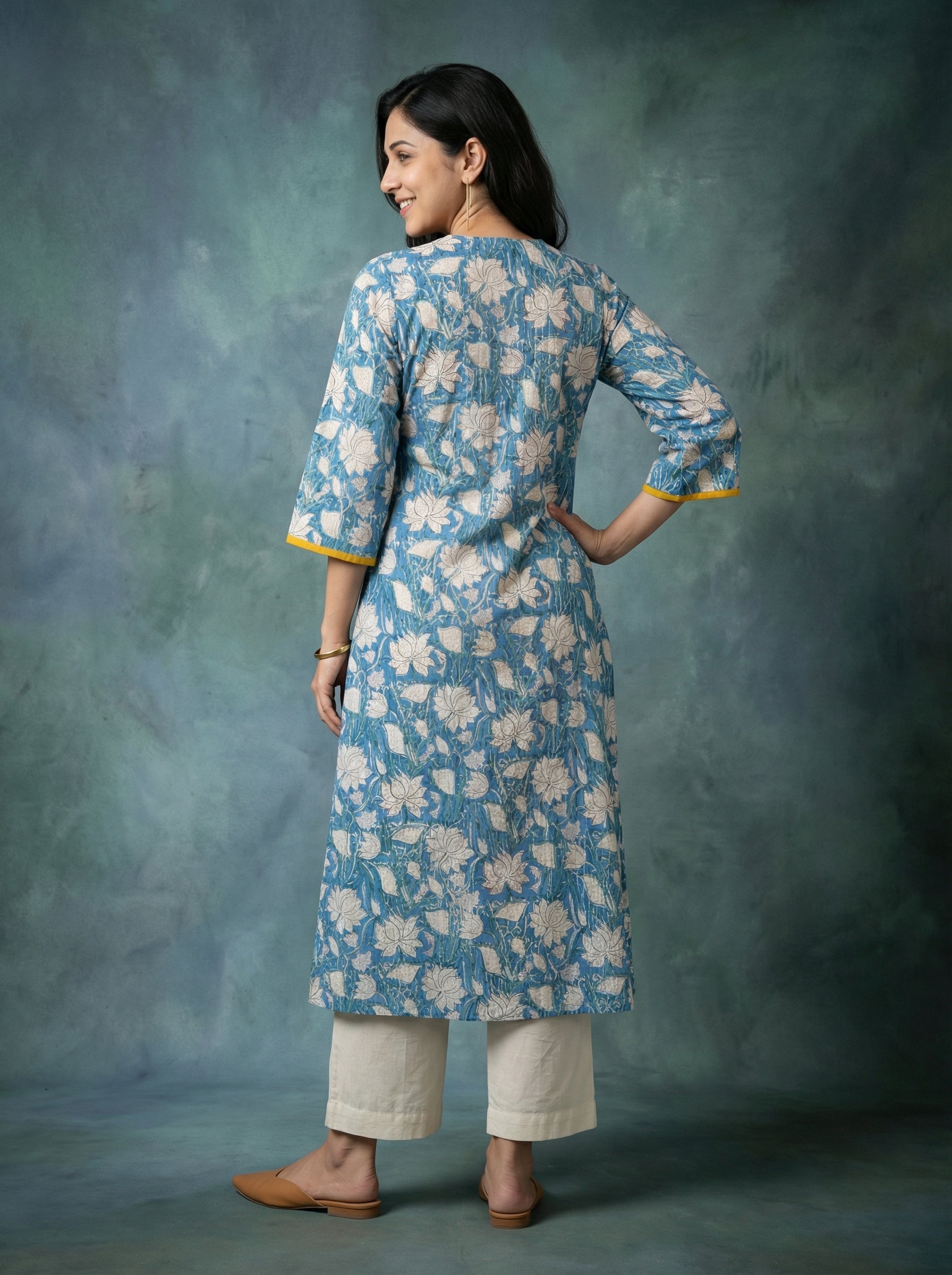 Jazz Waves Cotton Blue/White Yoke Kurta