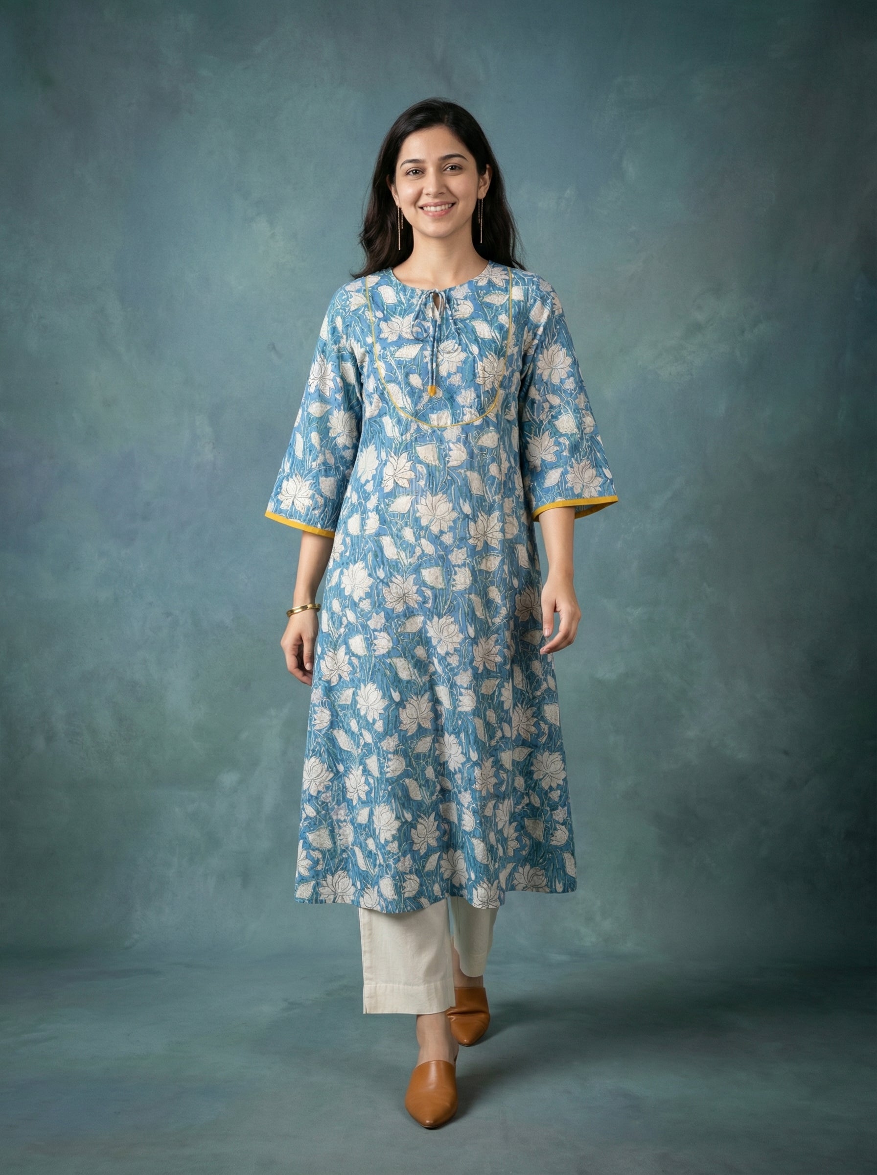 Jazz Waves Cotton Blue/White Yoke Kurta