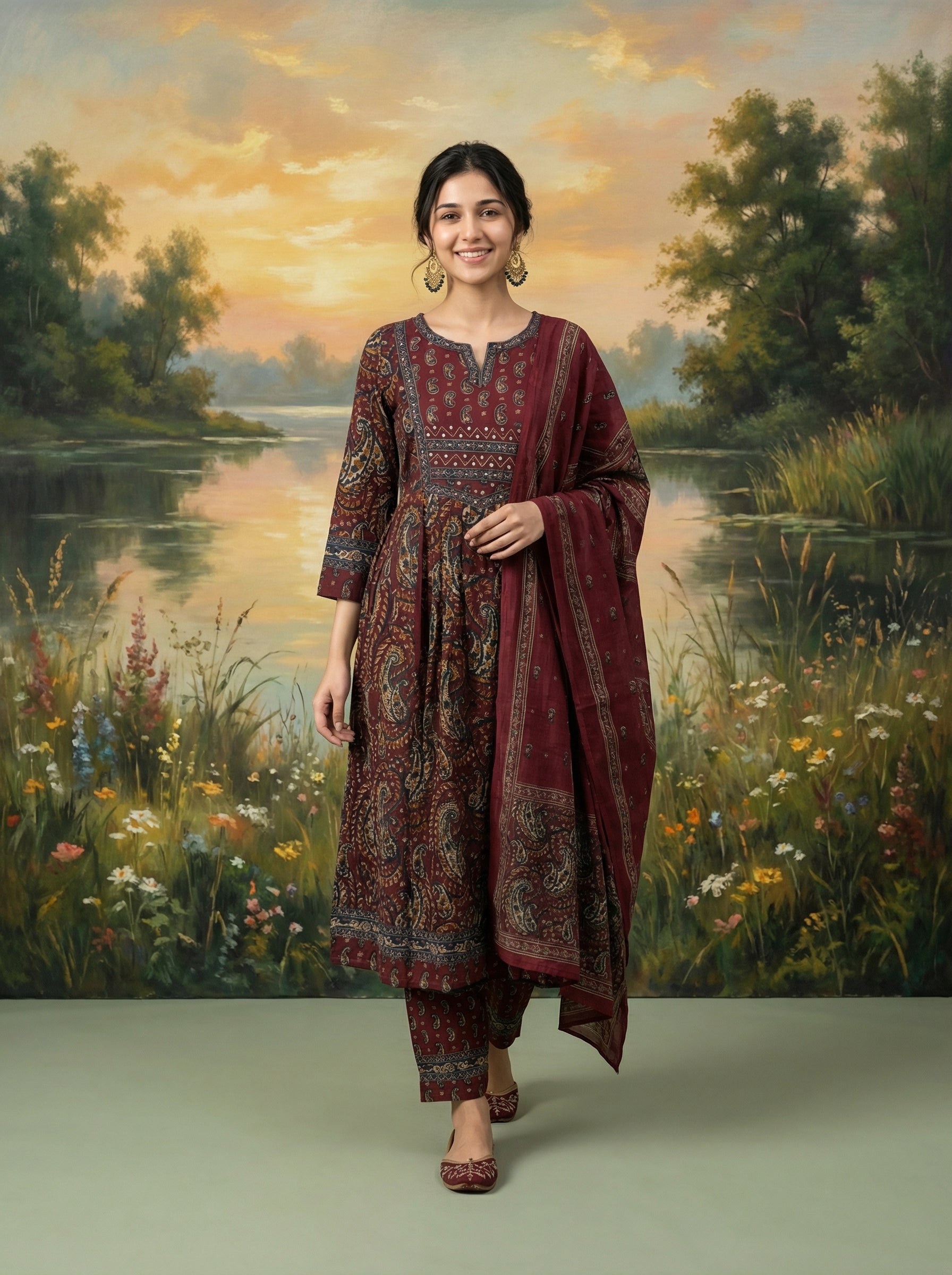 Brick Red Cotton Paisley Elegance KPD Set