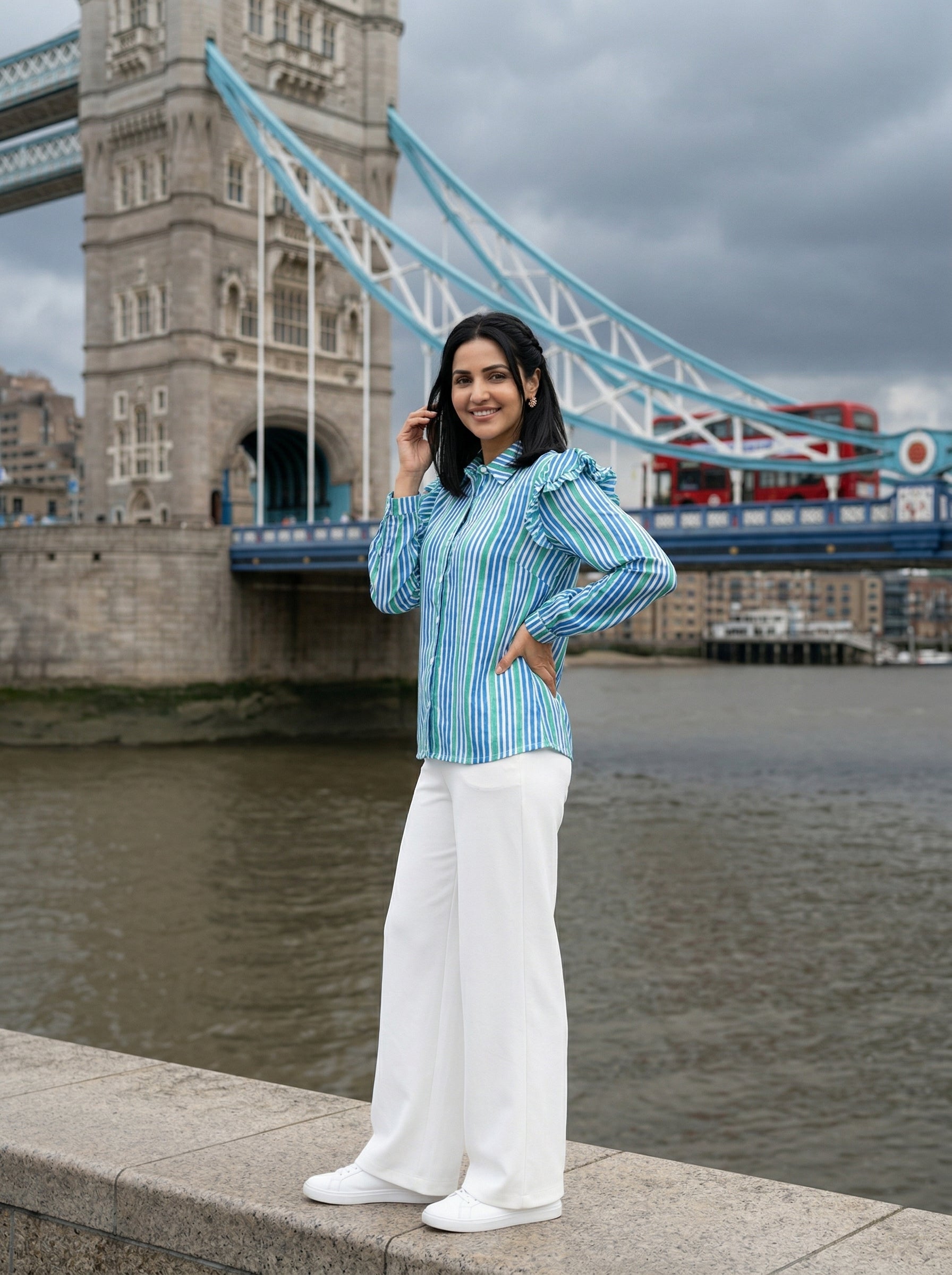 FRILL BLUE/GREEN FINE COTTON TOP (HANDPRINTED)