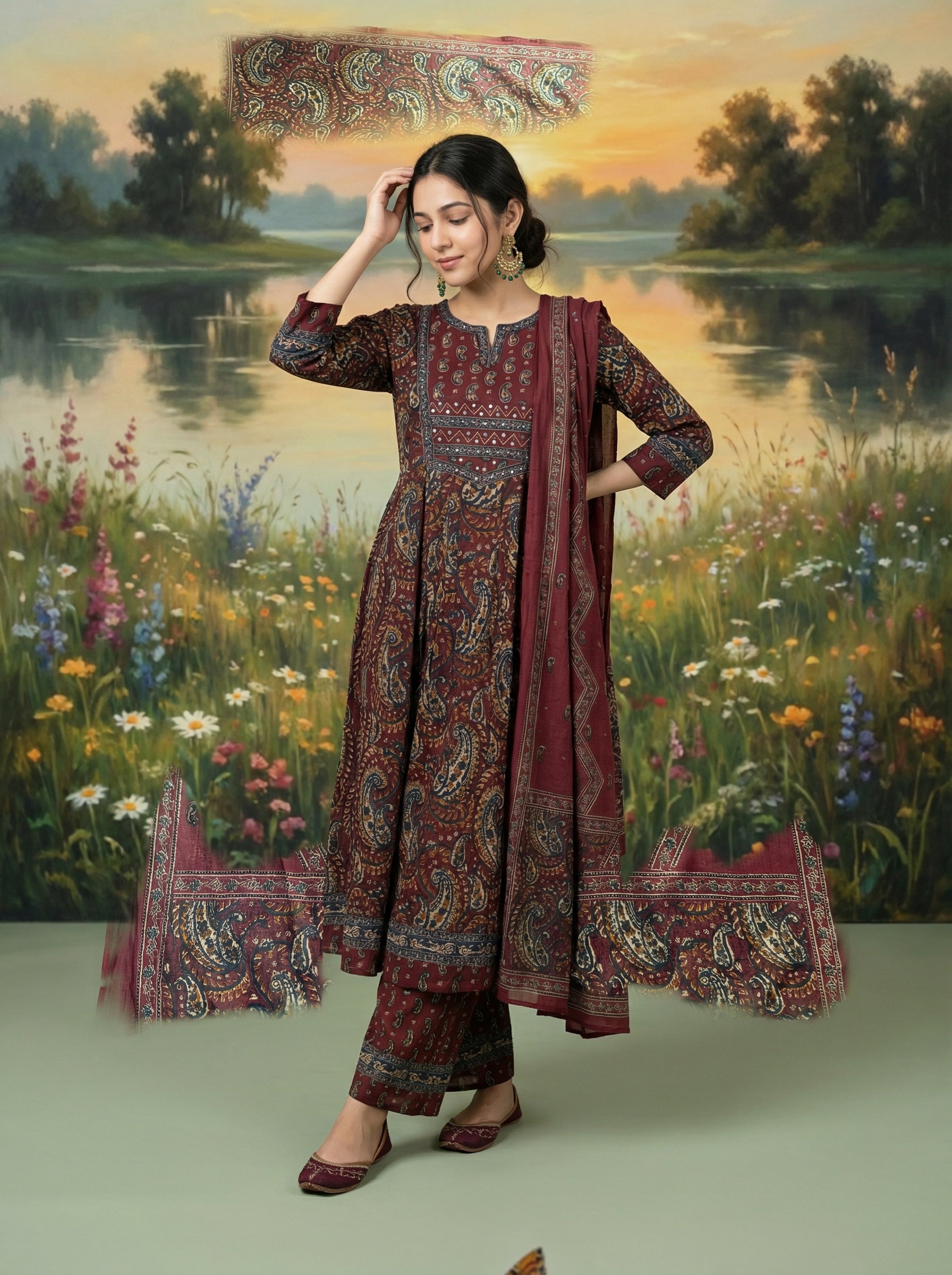 Brick Red Cotton Paisley Elegance KPD Set