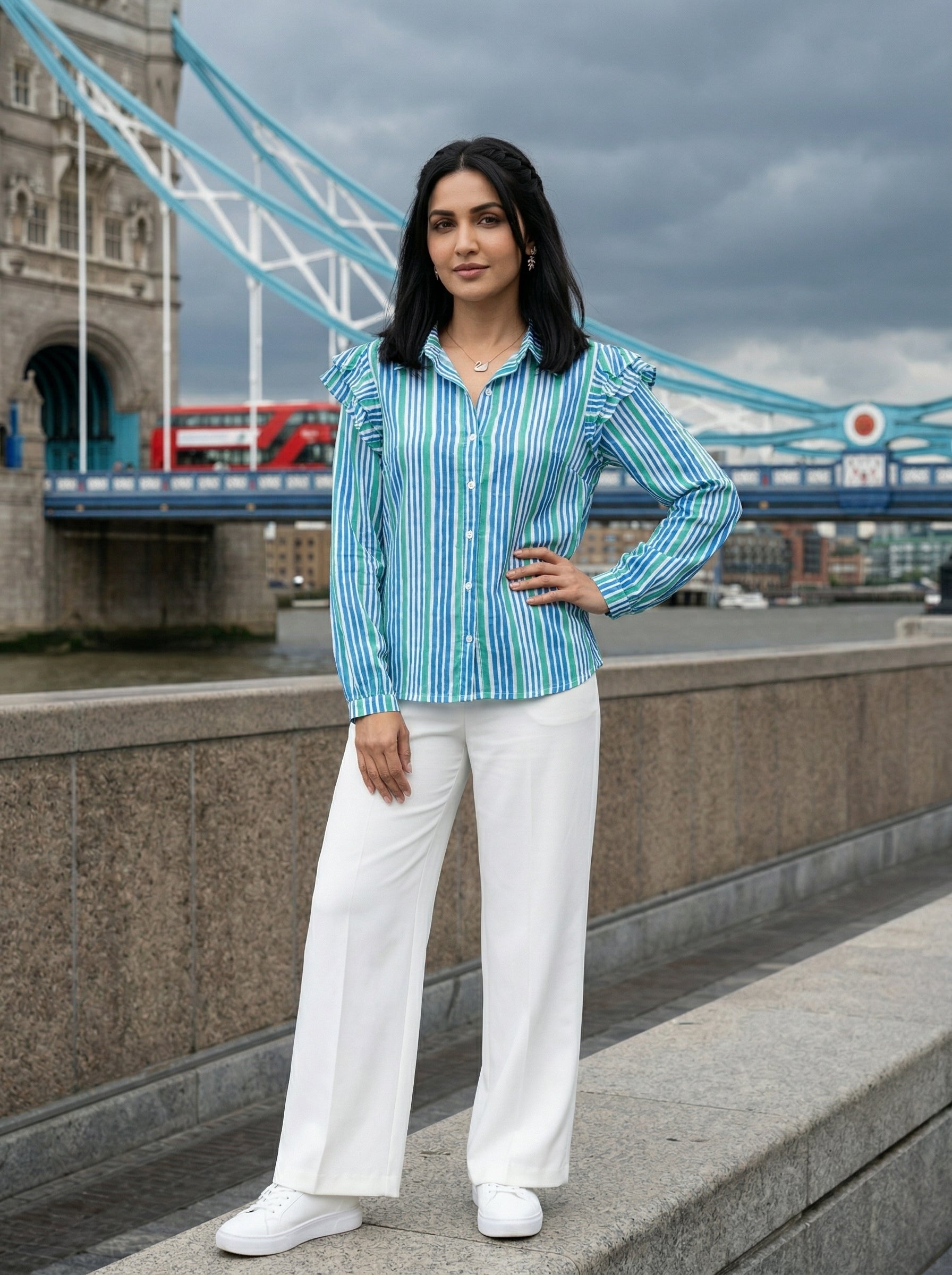 FRILL BLUE/GREEN FINE COTTON TOP (HANDPRINTED)