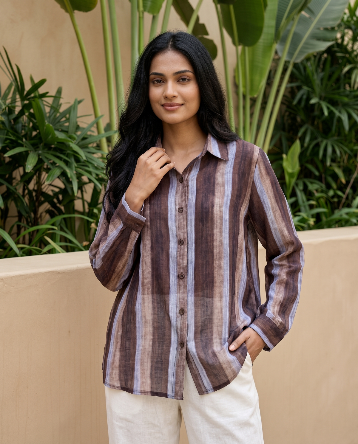 Bamboo Silk 150 GM Mocha Brown Classic Stripe Shirt