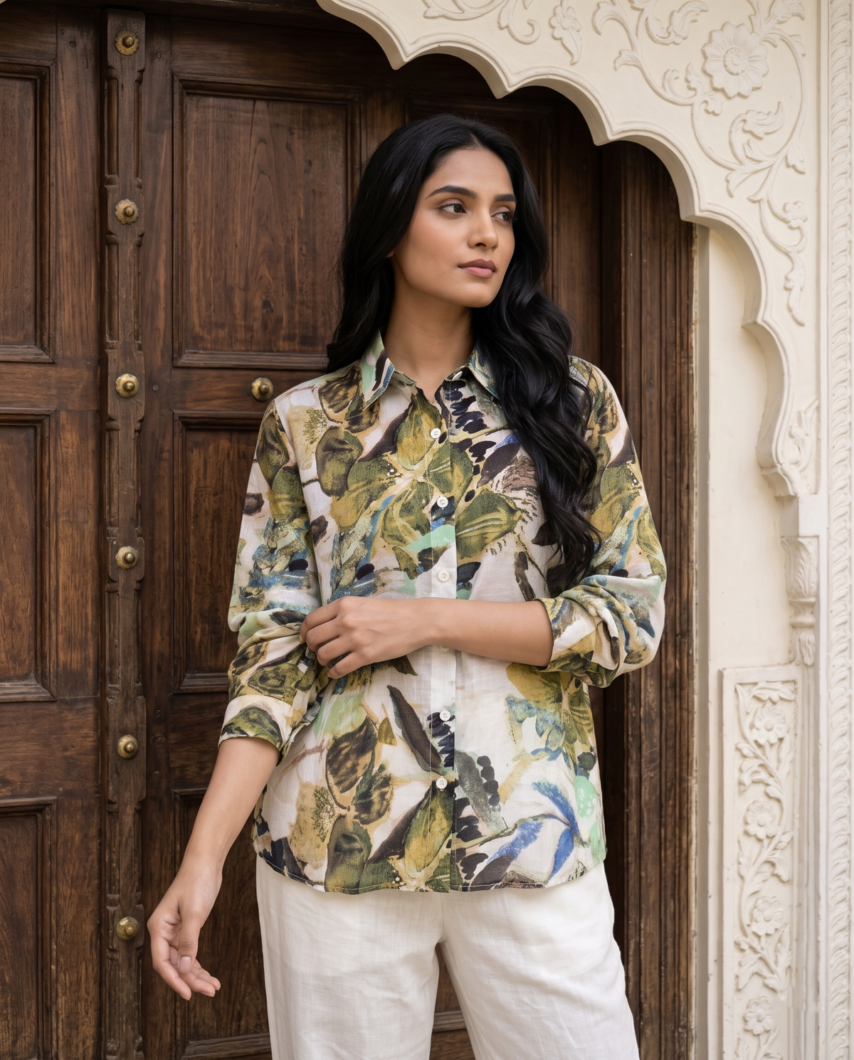 Bamboo Silk 150 GM Olive Earth Abstract Botanical Shirt