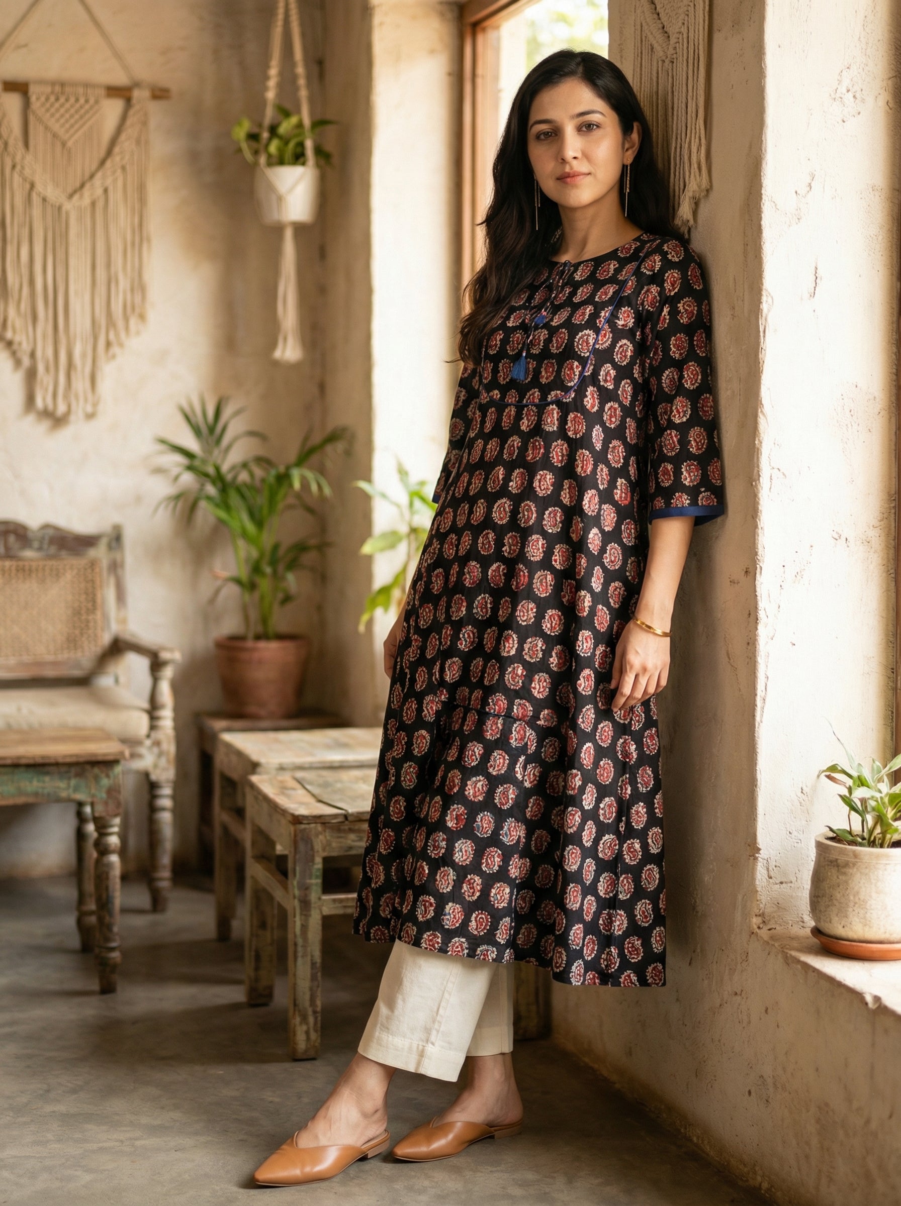Jazz Waves Cotton Black/Red Yoke Kurta