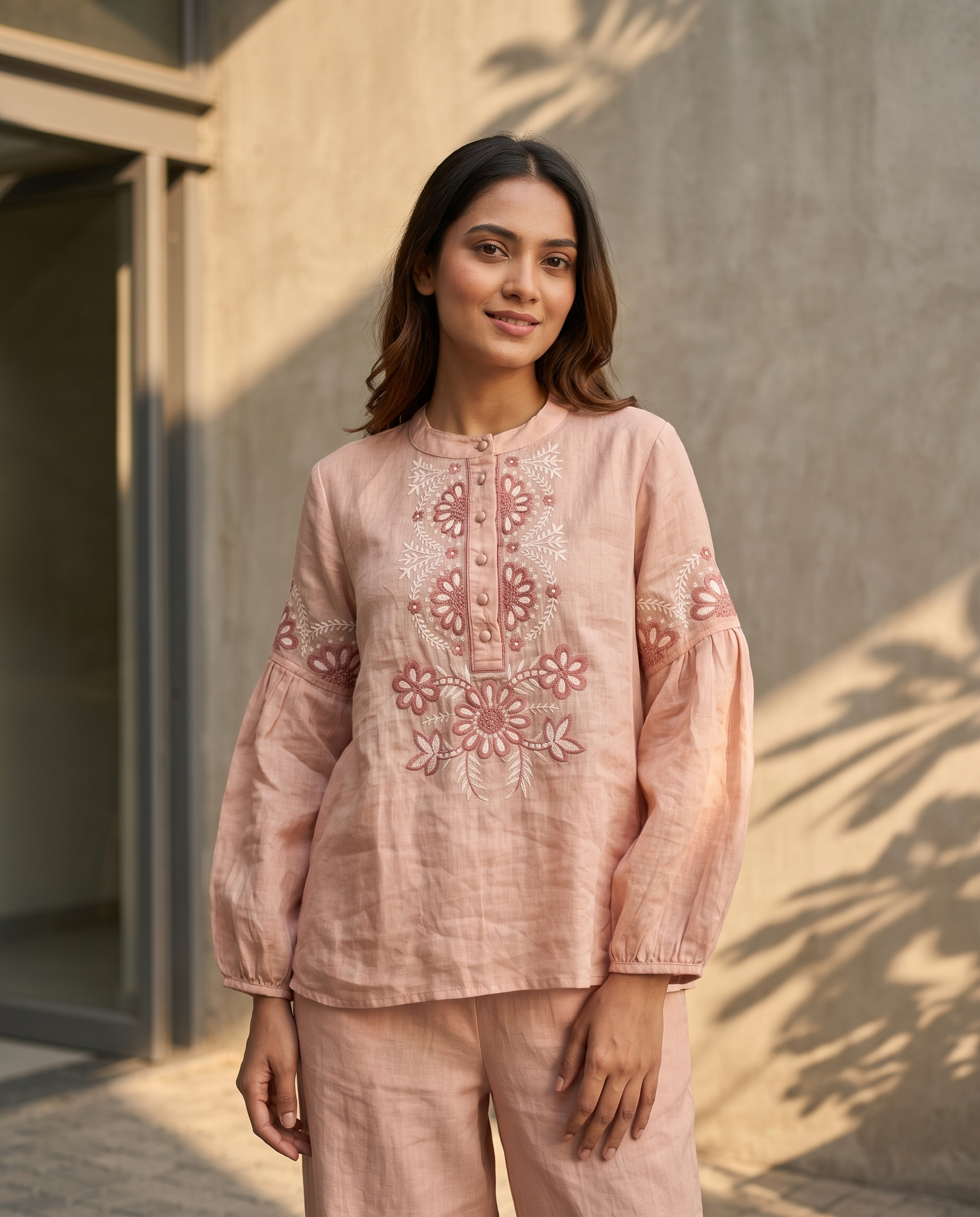 Blush Bloom Embroidered European Linen Top - Blush Pink