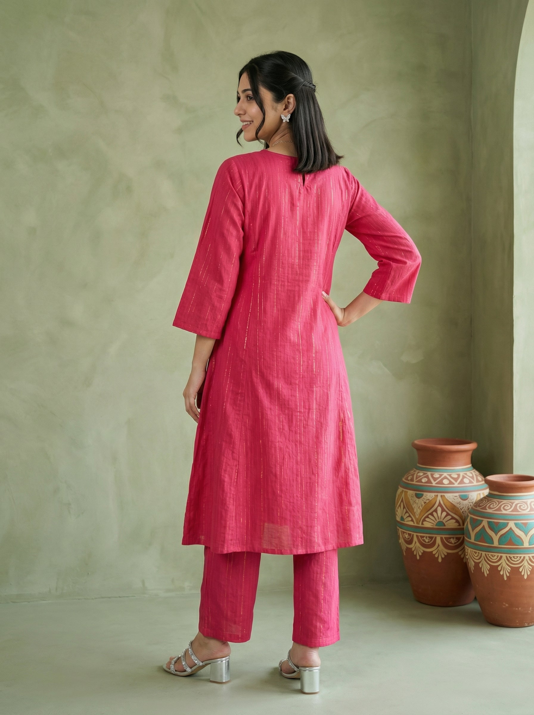 DORIA LUREX  PINK CHIC KPD SET WITH KOTA DUPATTA