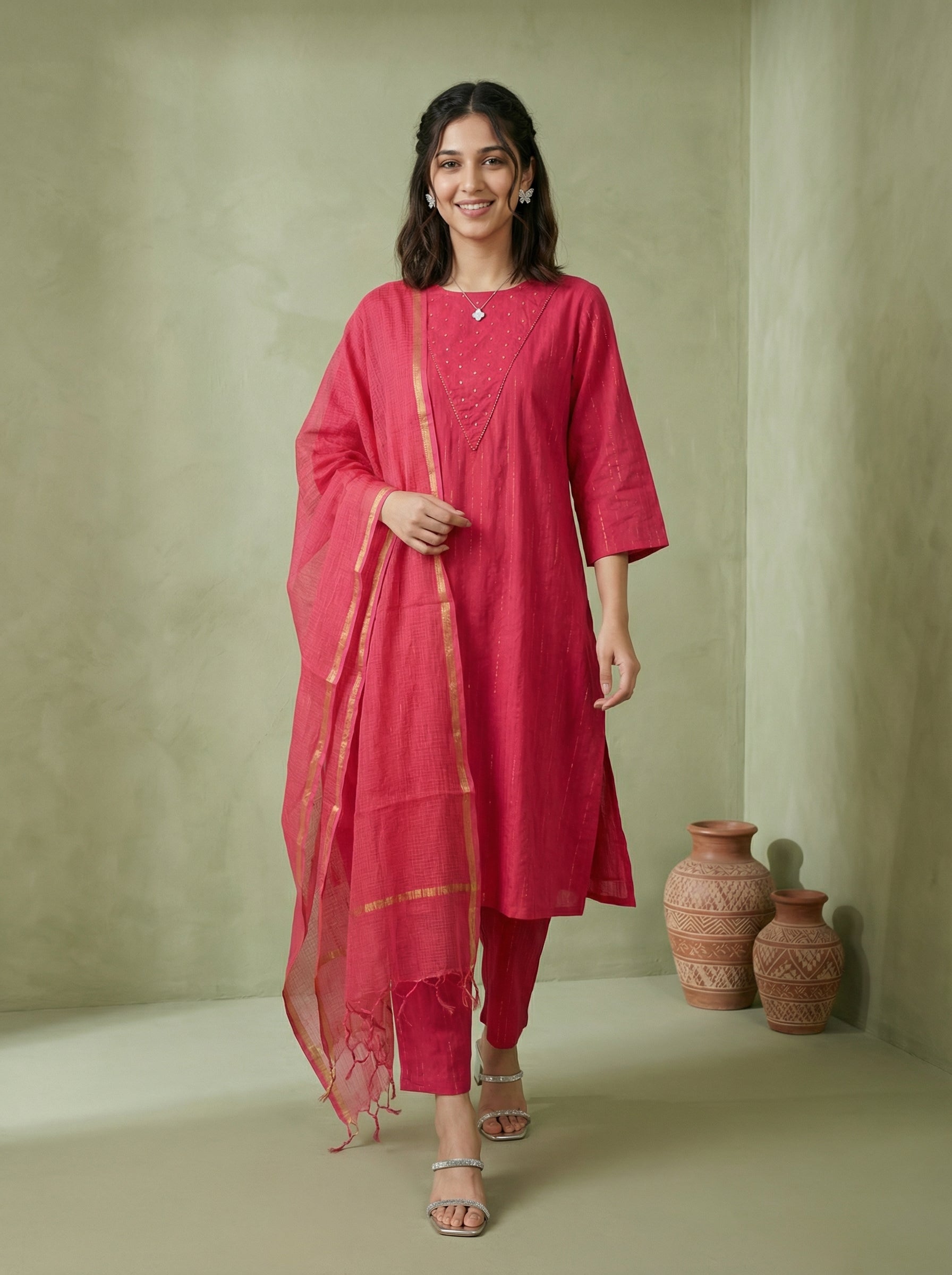 DORIA LUREX  PINK CHIC KPD SET WITH KOTA DUPATTA
