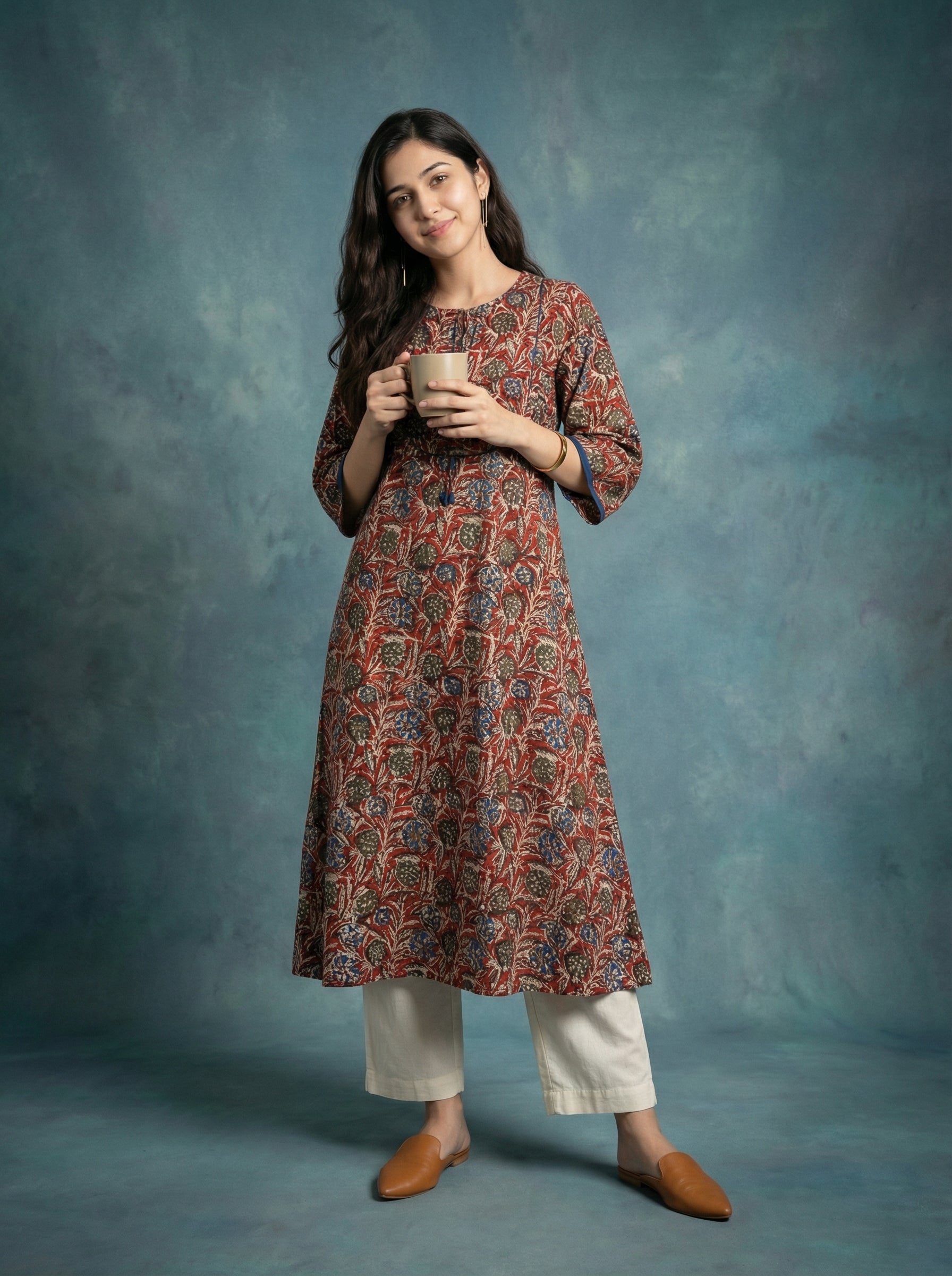 Jazz Waves Cotton Beige/Red-Blue Yoke Kurta