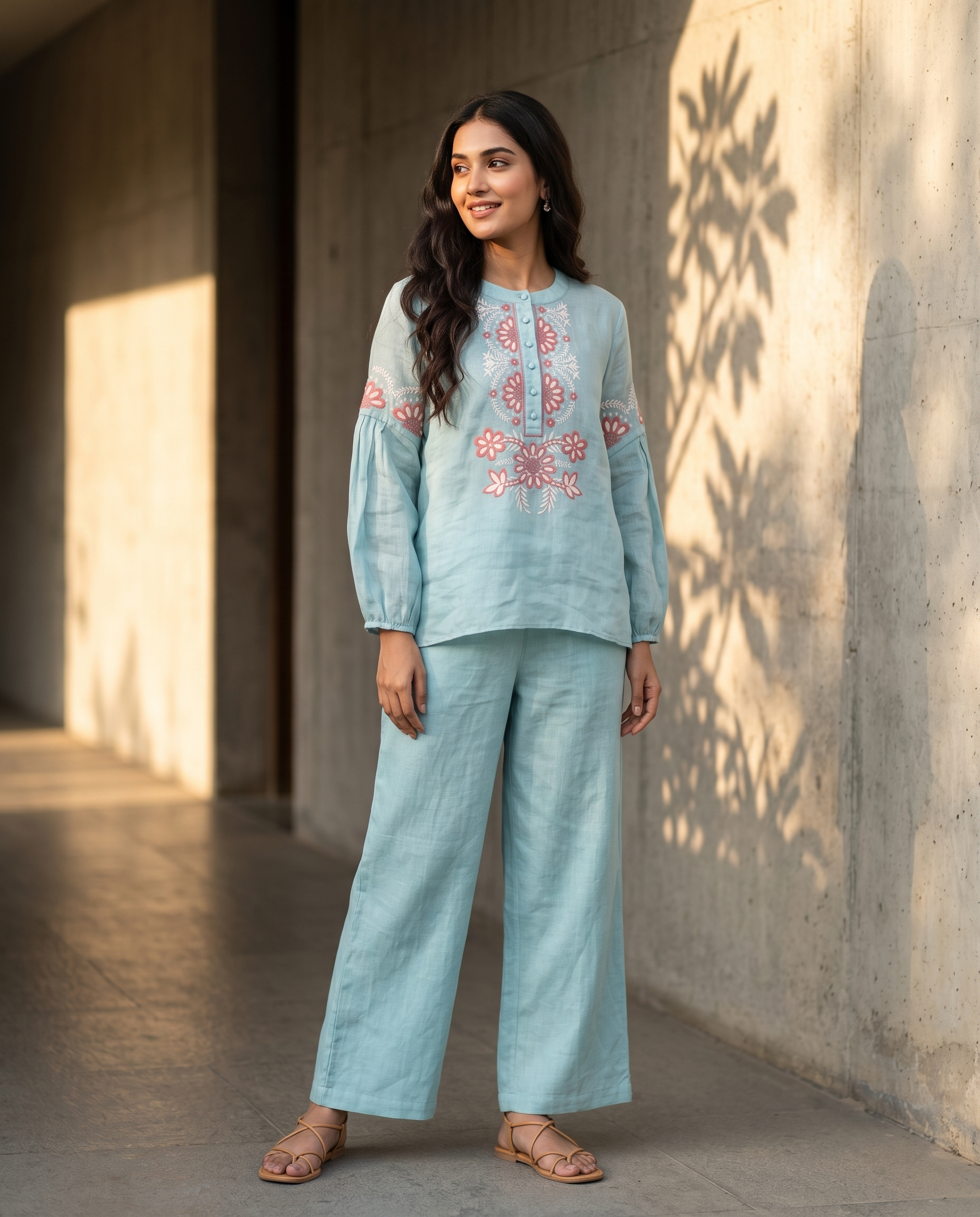 Aqua Bloom European Linen Top - Mist Blue