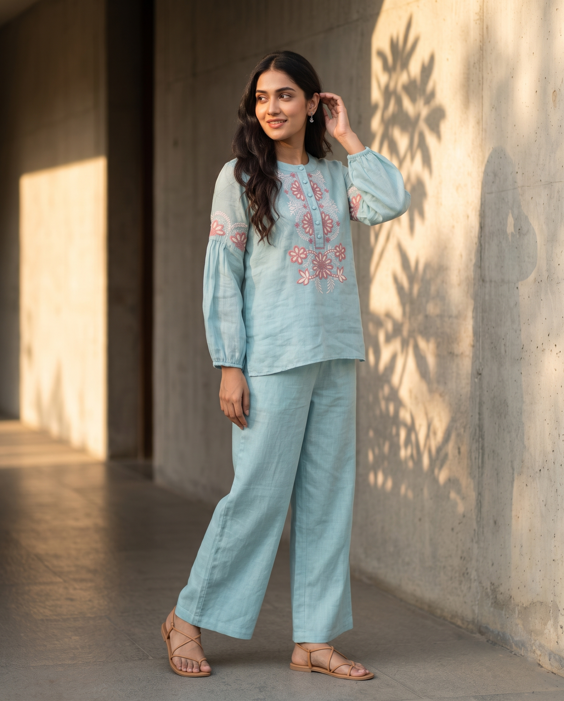 Aqua Bloom European Linen Top - Mist Blue