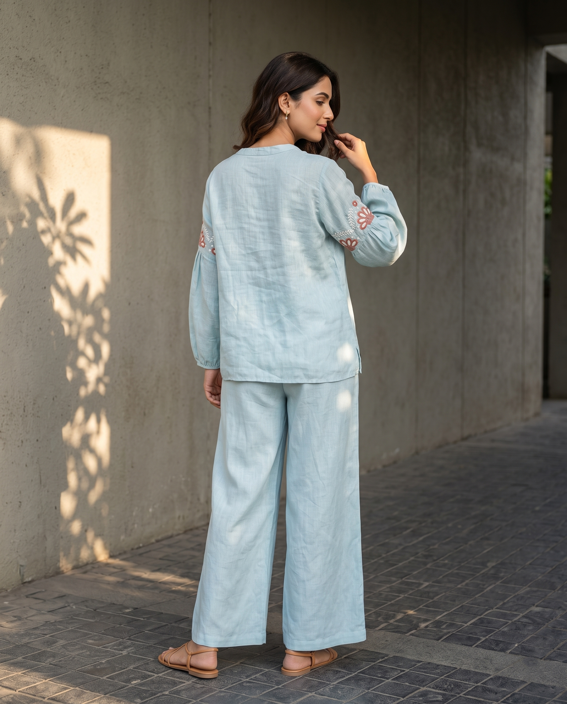Aqua Bloom European Linen Top - Mist Blue
