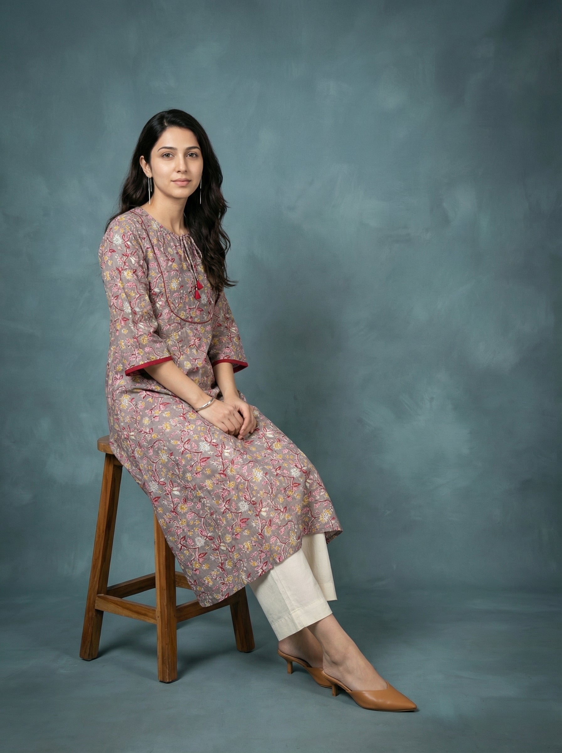 Jazz Waves Cotton Taupe Grey/Floral Jaal Yoke Kurta