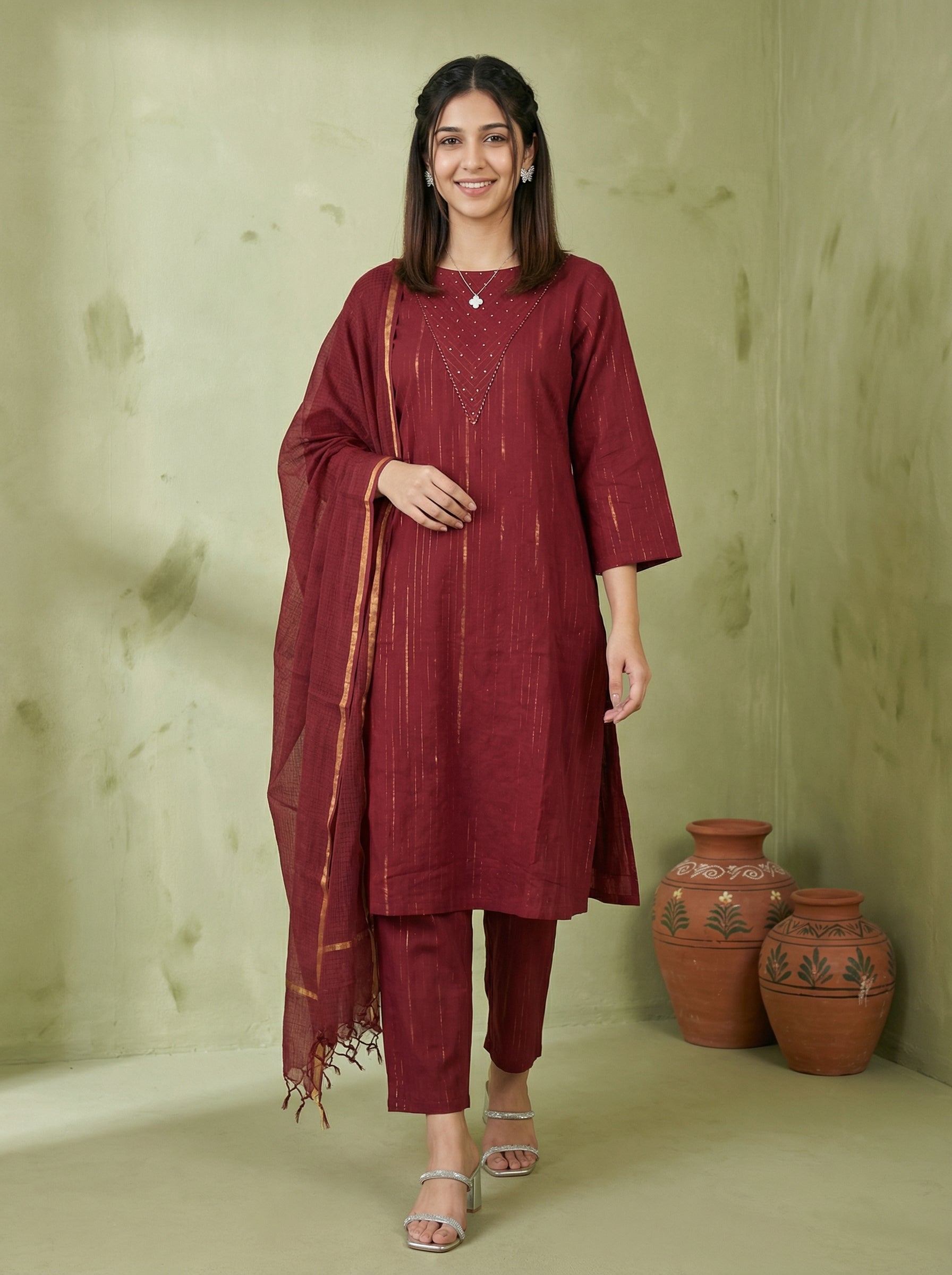 DORIA LUREX RED CHIC KPD SET WITH KOTA DUPATTA