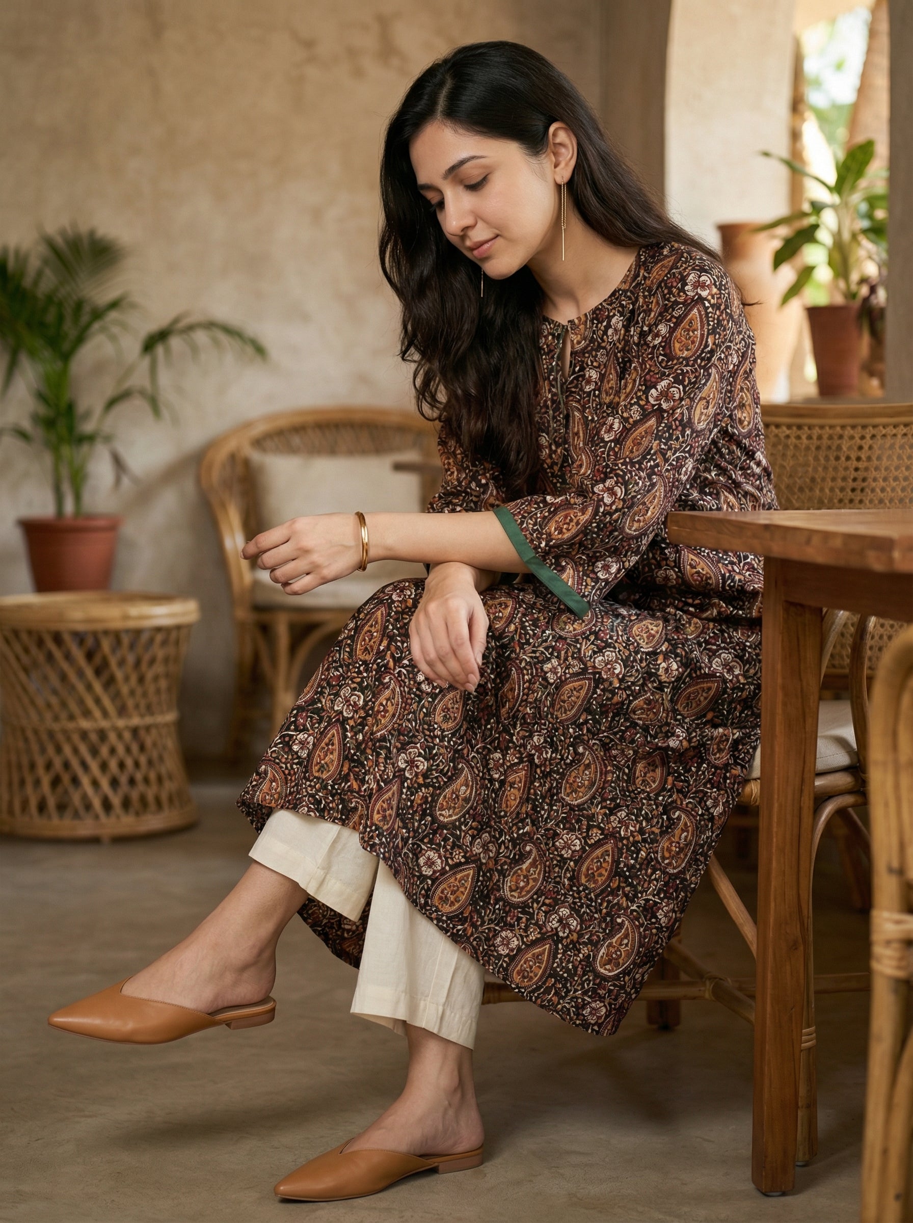 Jazz Waves Cotton Black/Brown Yoke Kurta