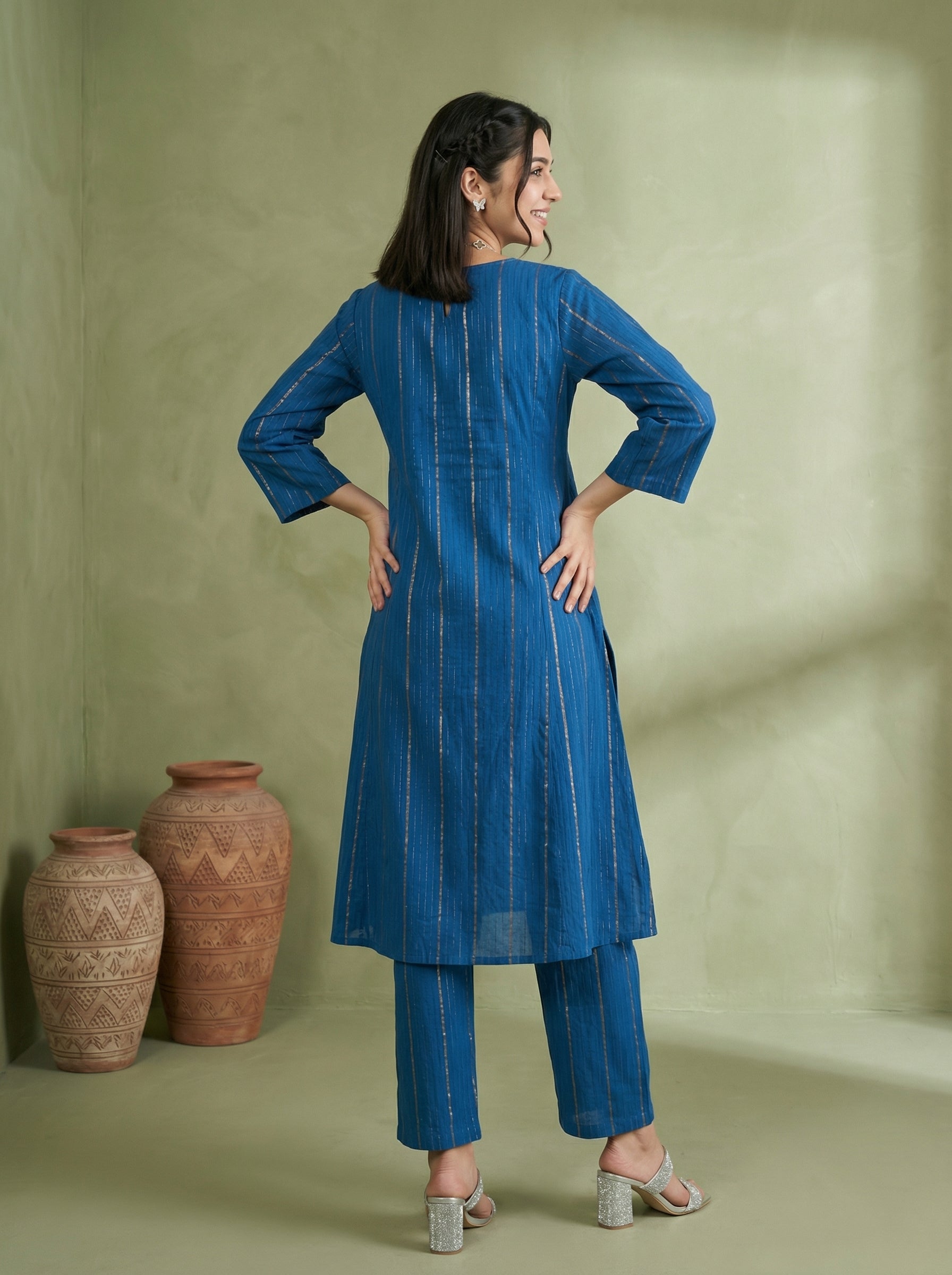 DORIA LUREX  BLUE CHIC KPD SET WITH KOTA DUPATTA