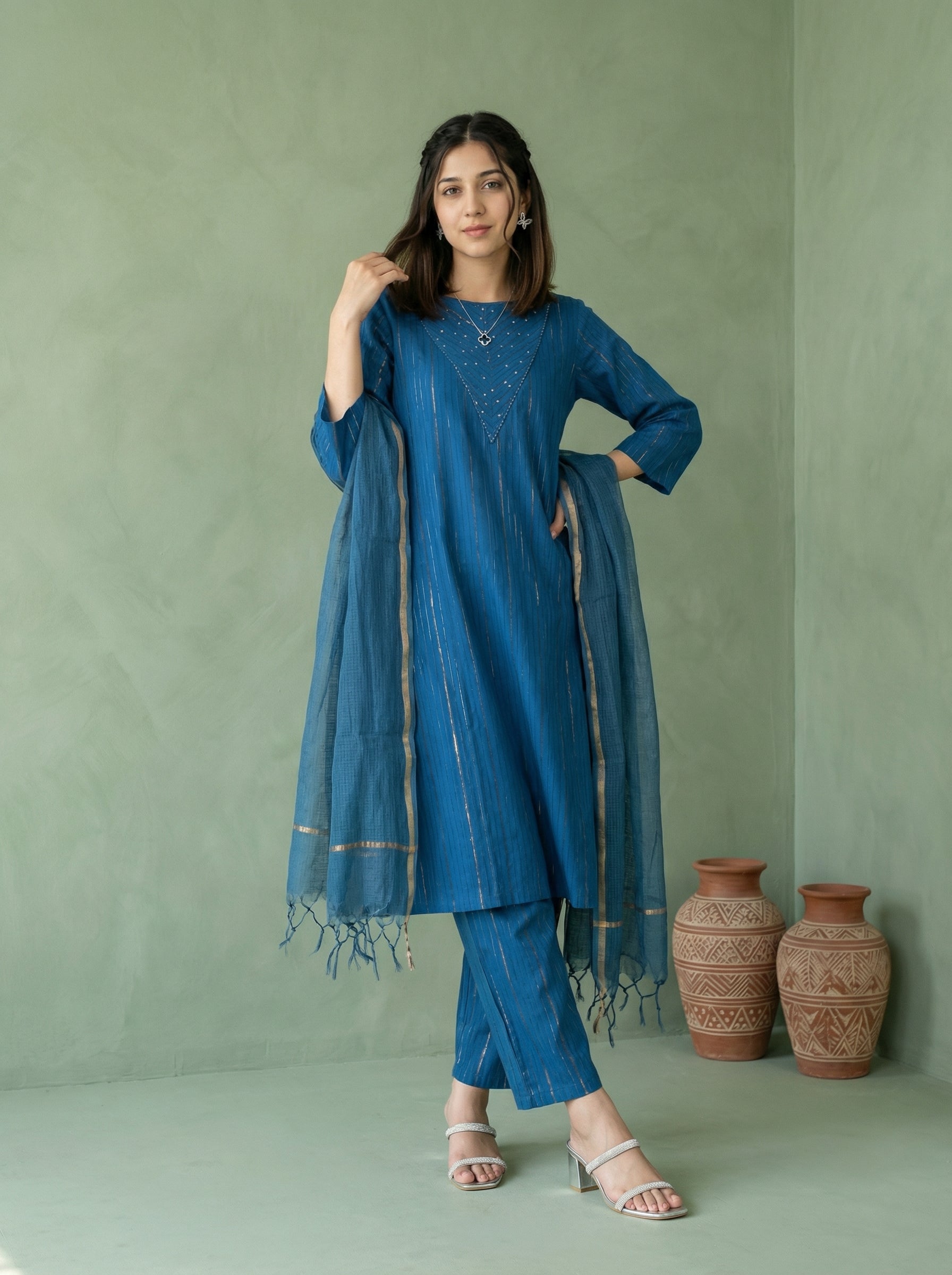 DORIA LUREX  BLUE CHIC KPD SET WITH KOTA DUPATTA