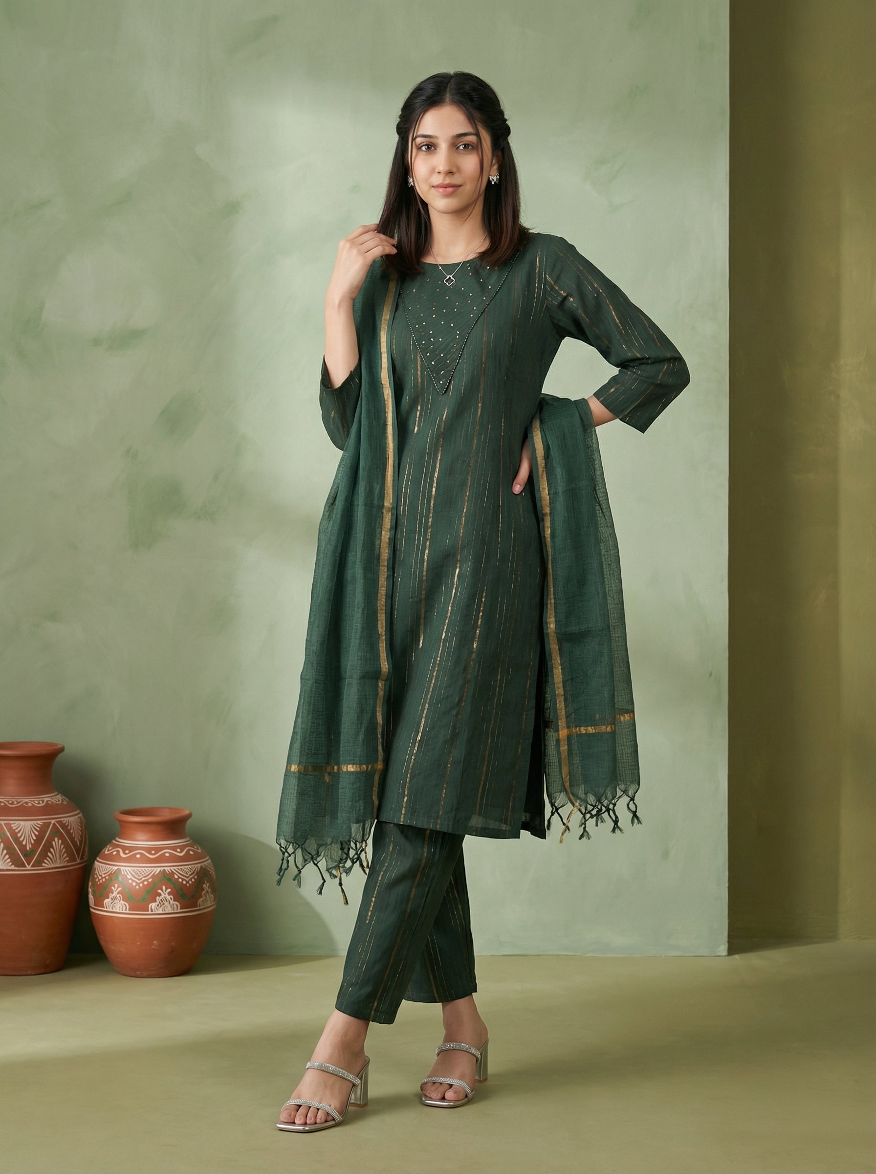 DORIA LUREX  GREEN CHIC KPD SET WITH KOTA DUPATTA