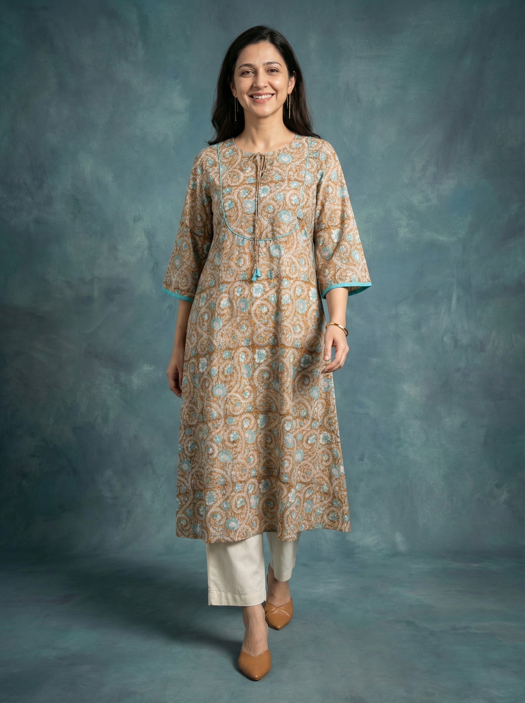 Jazz Waves Cotton Dark Beige/Blue Yoke Kurta