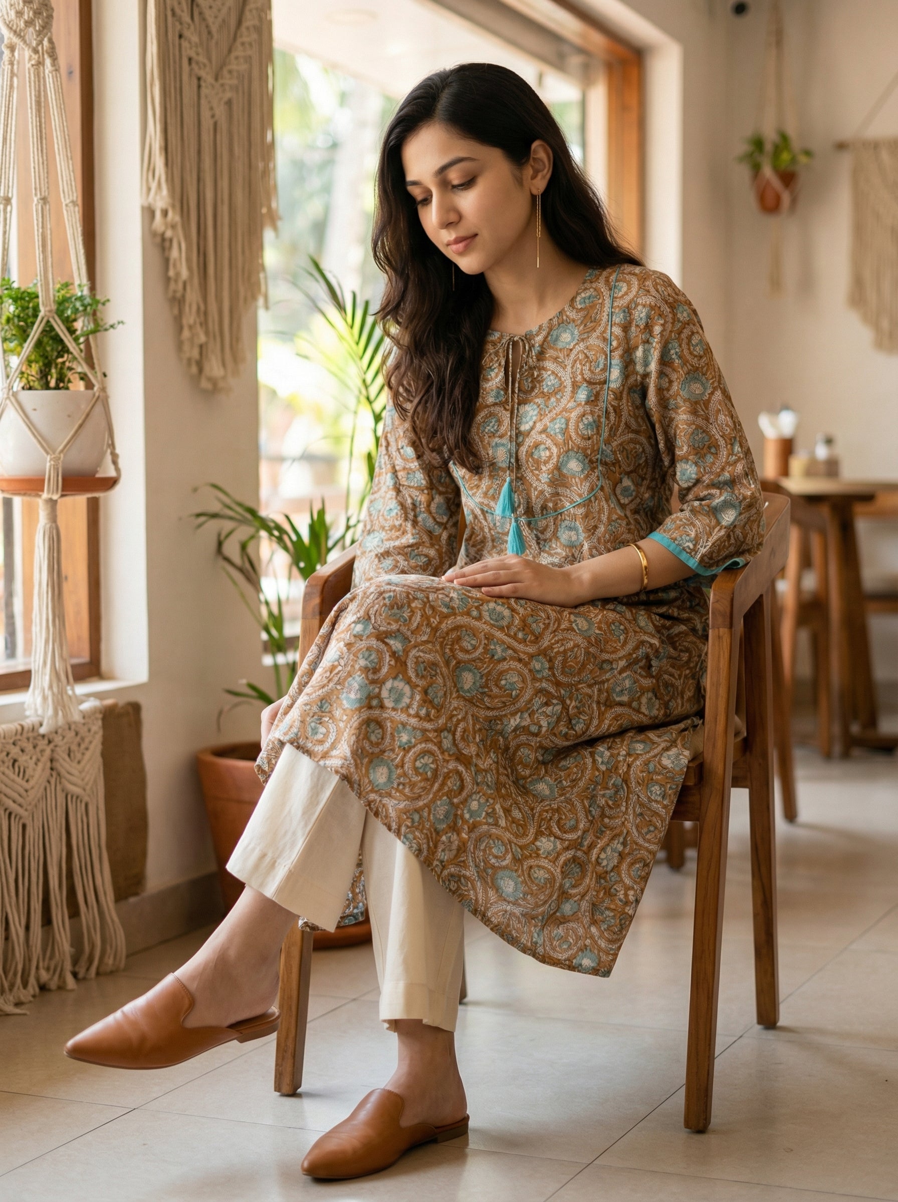 Jazz Waves Cotton Dark Beige/Blue Yoke Kurta