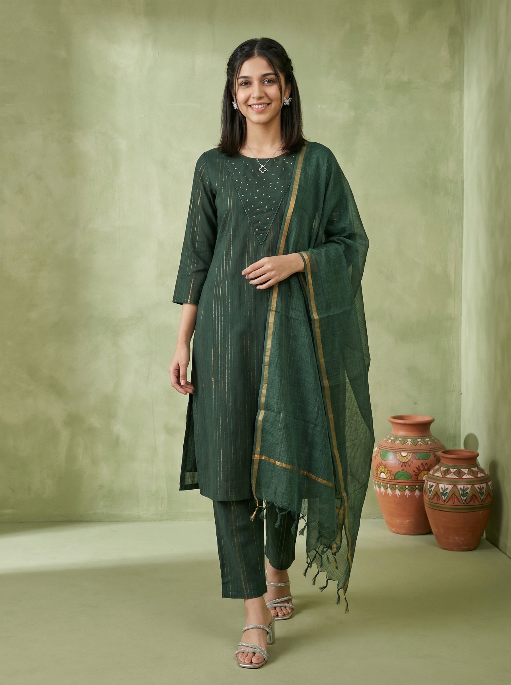 DORIA LUREX  GREEN CHIC KPD SET WITH KOTA DUPATTA