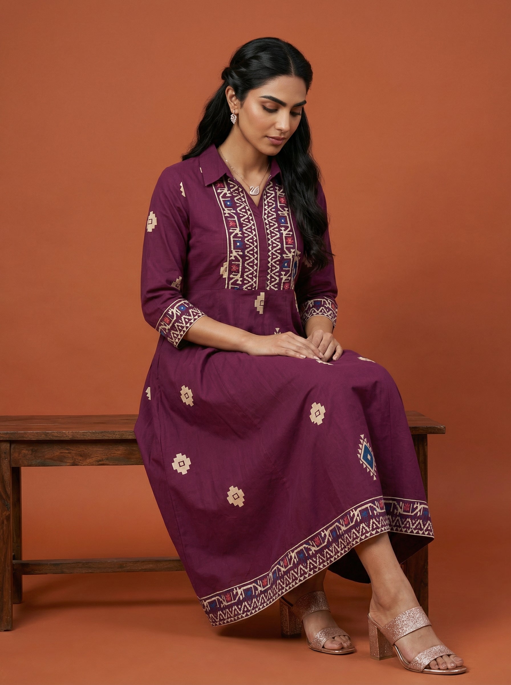 Handprinted Burgundy Anarkali Dress