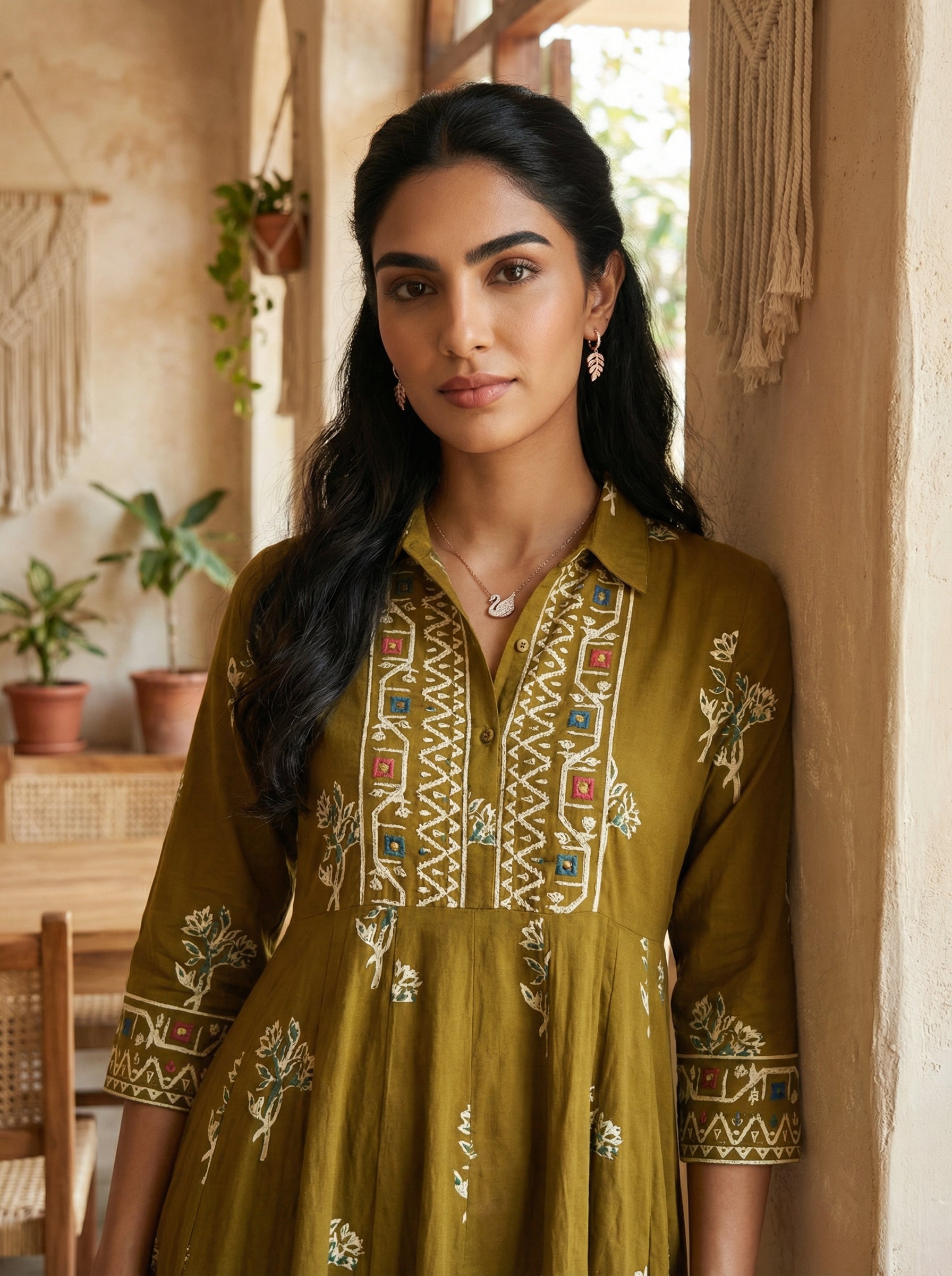 Mehendi Green Handprinted Anarkali Dress