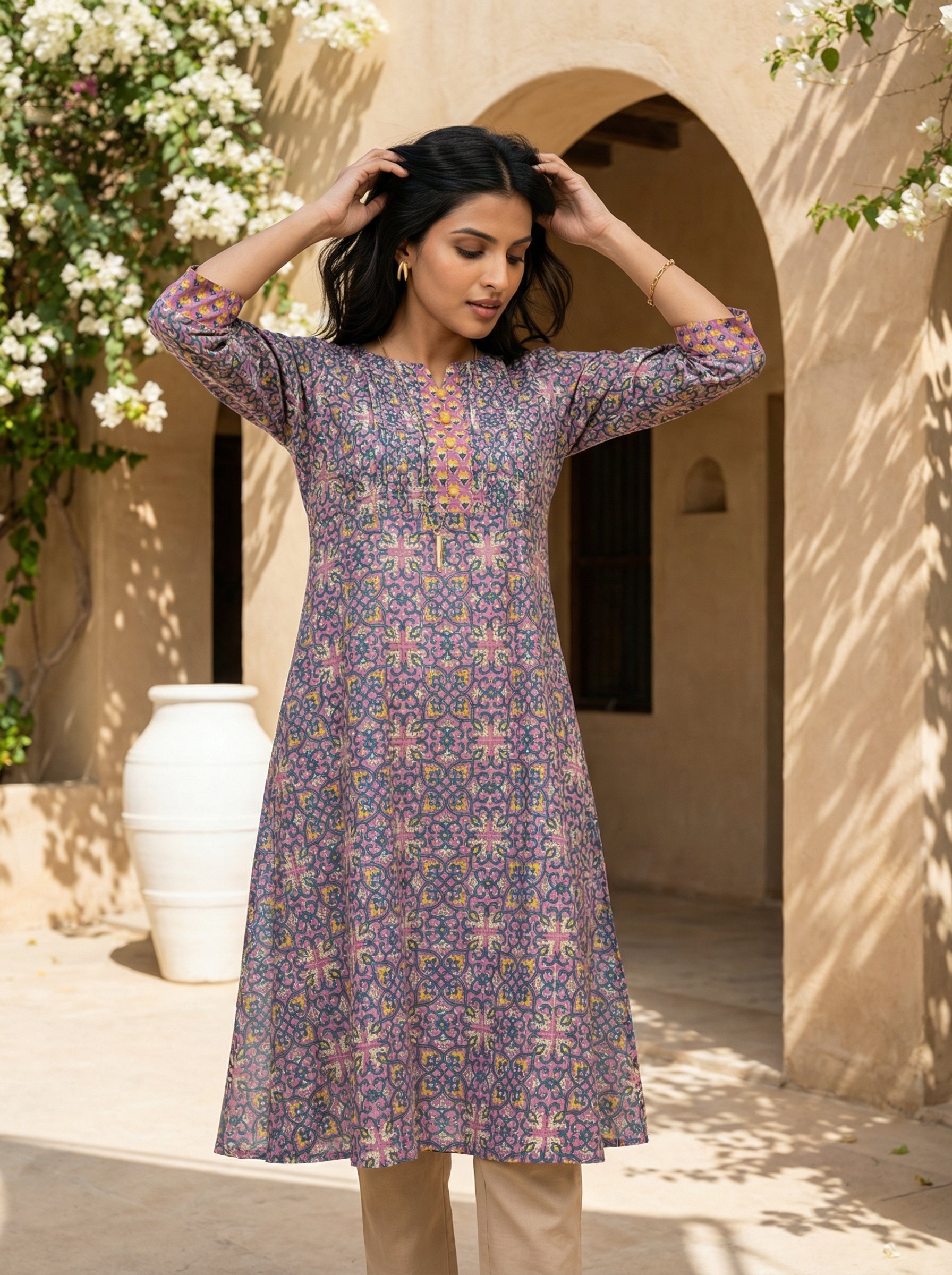 Onion Pink Yoke Pintuck Kurta