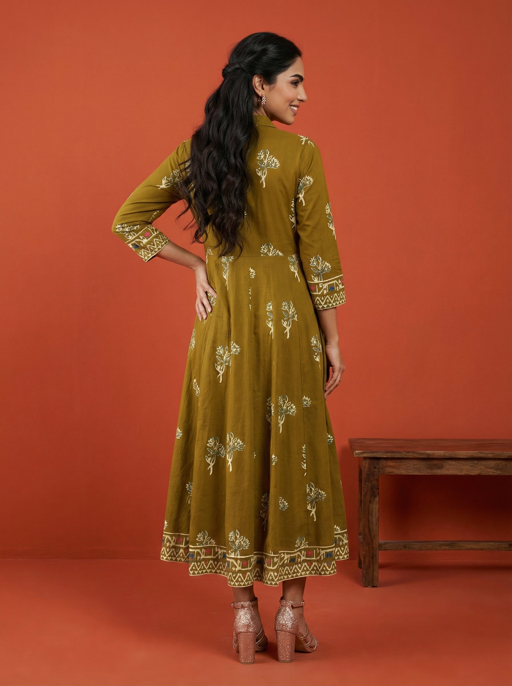 Mehendi Green Handprinted Anarkali Dress