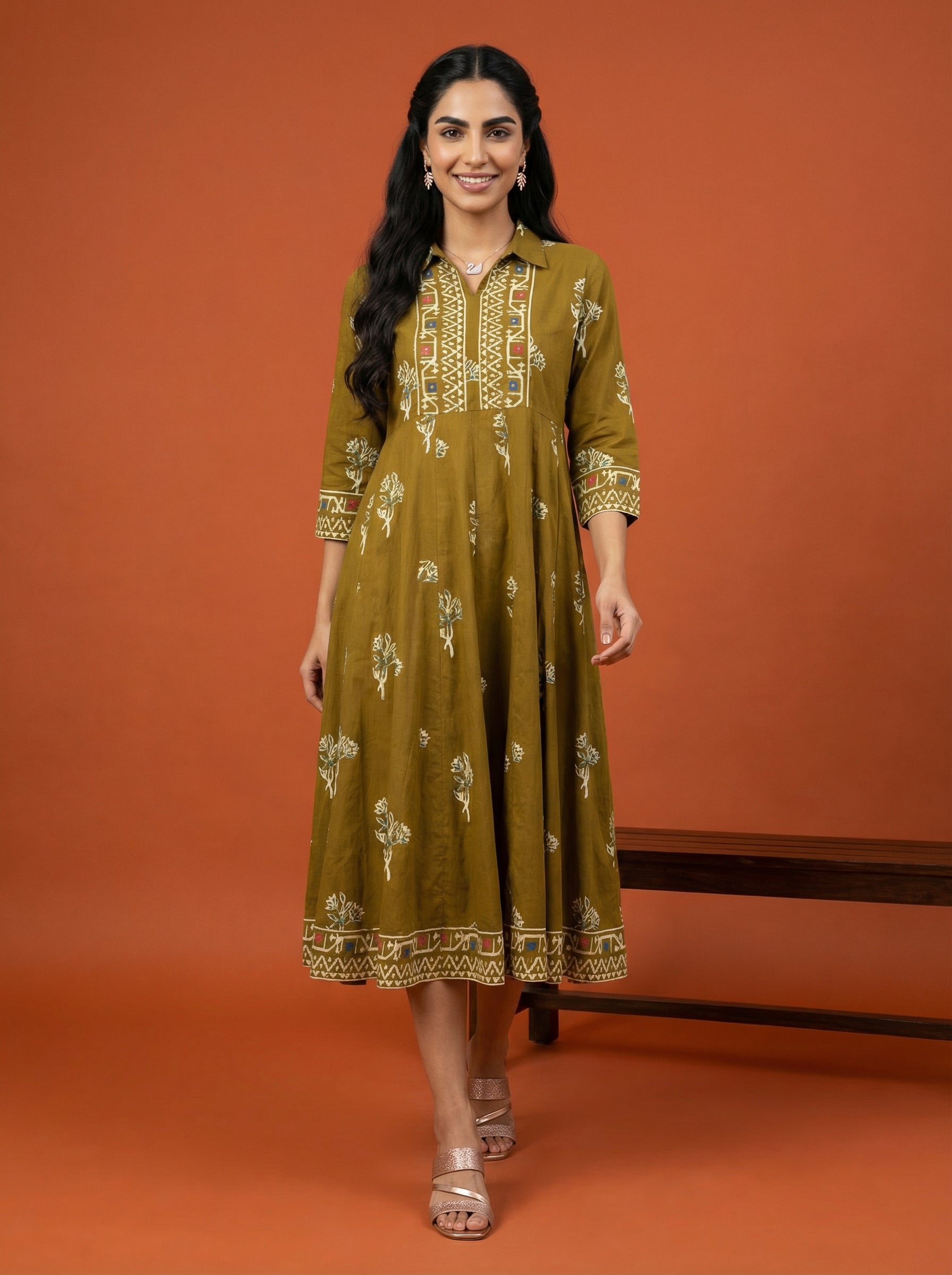 Mehendi Green Handprinted Anarkali Dress