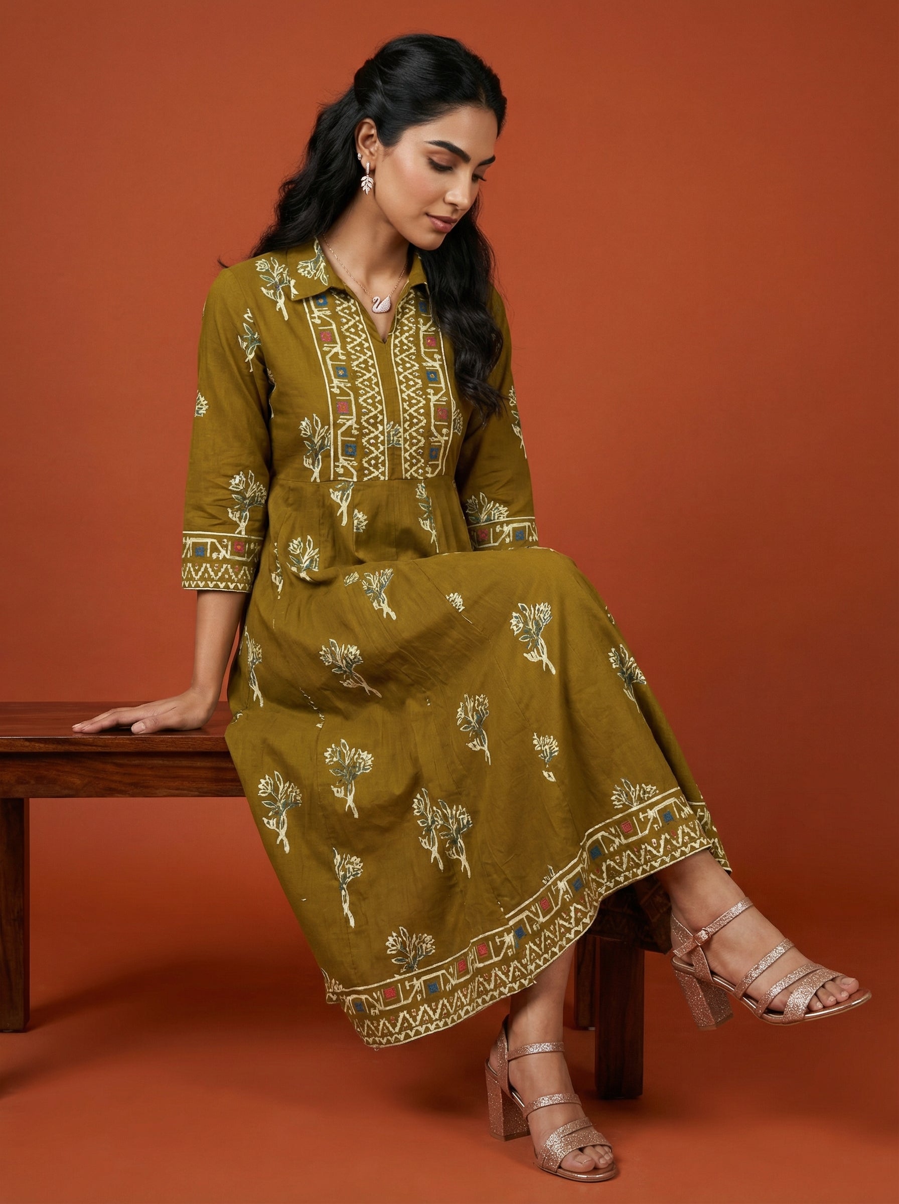Mehendi Green Handprinted Anarkali Dress