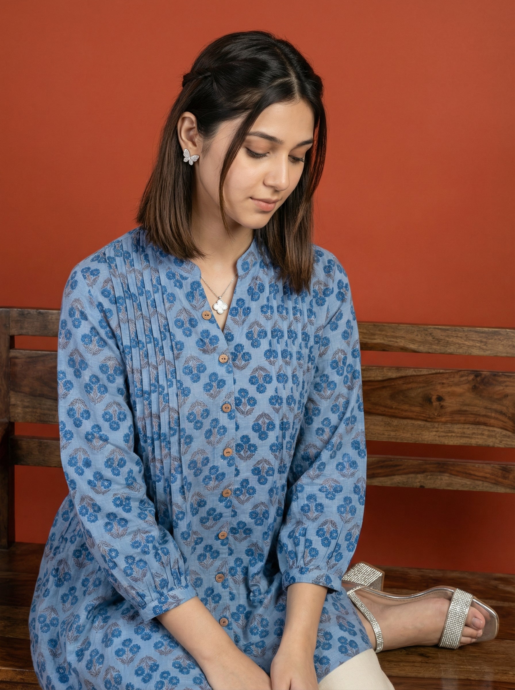 BLOOM GRID BLUE LINEN COTTON TOPS