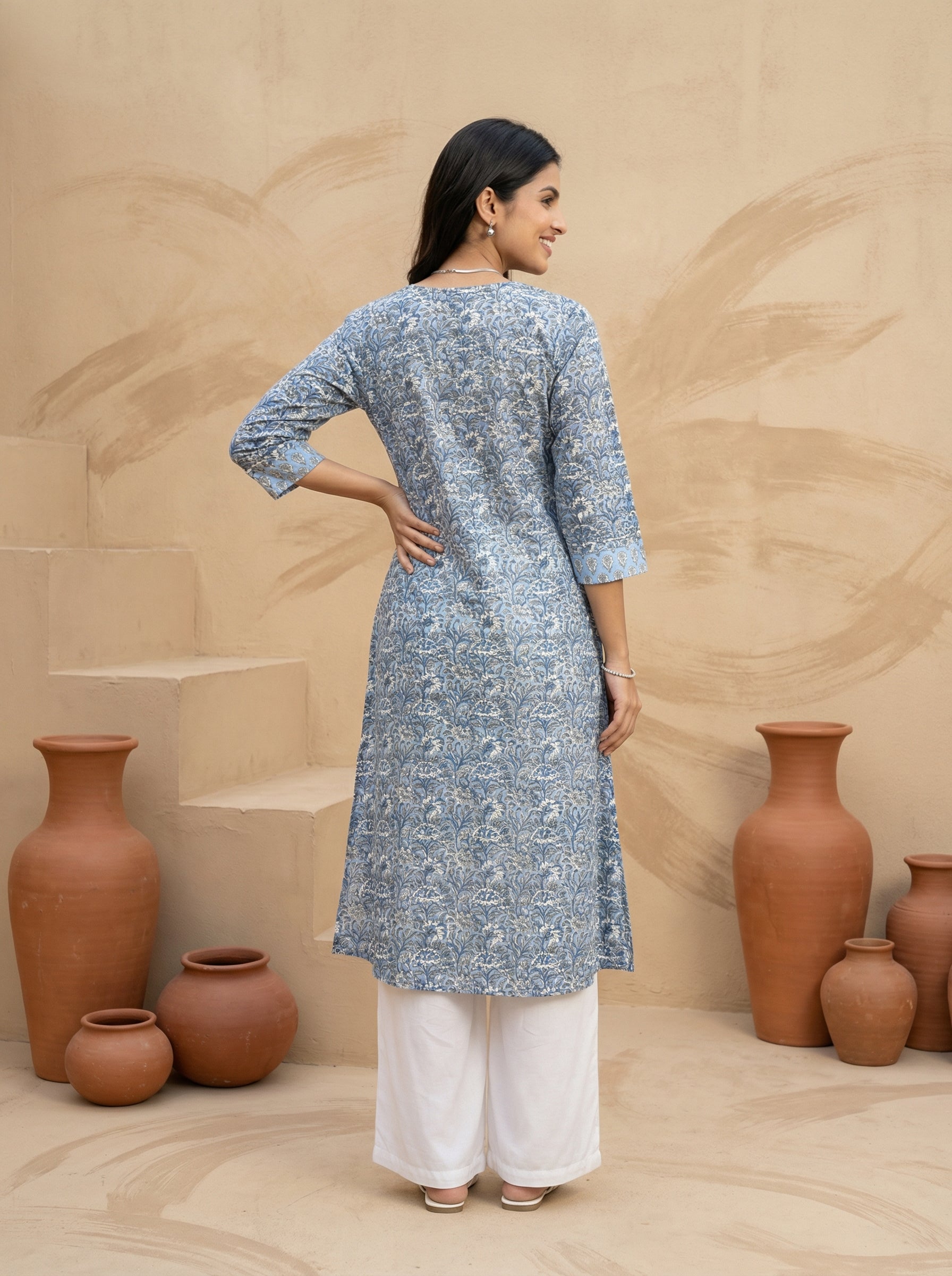 Sky Blue Yoke Pintuck Kurta