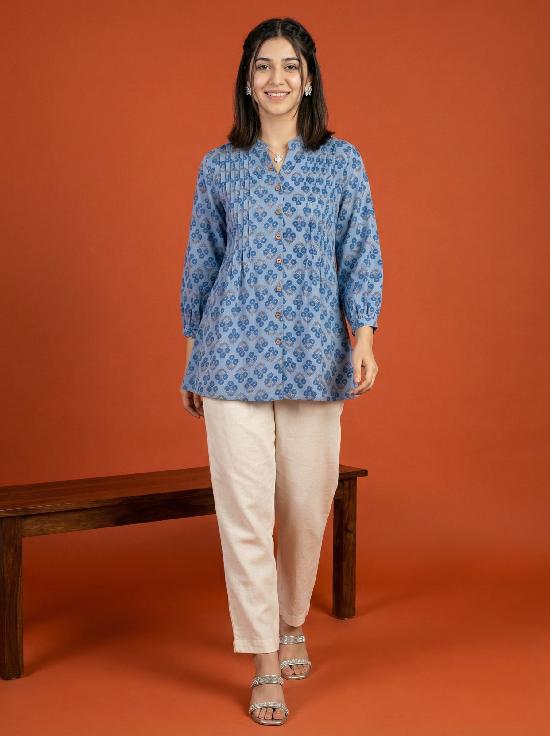 BLOOM GRID BLUE LINEN COTTON TOPS