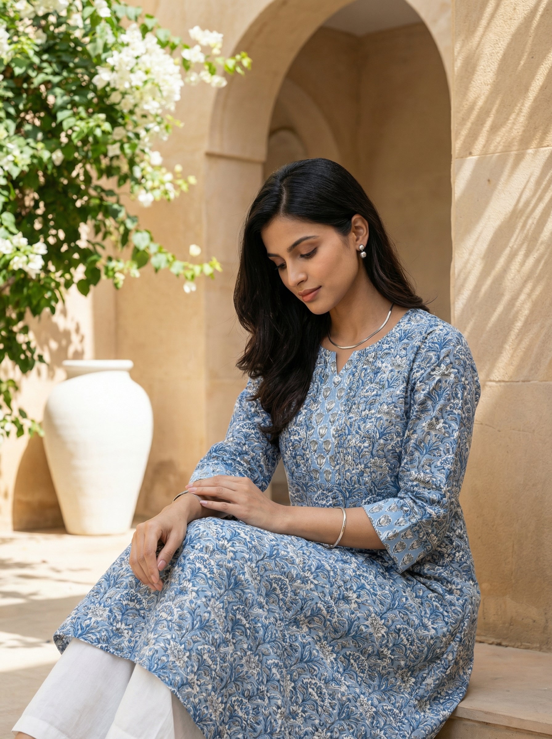 Sky Blue Yoke Pintuck Kurta