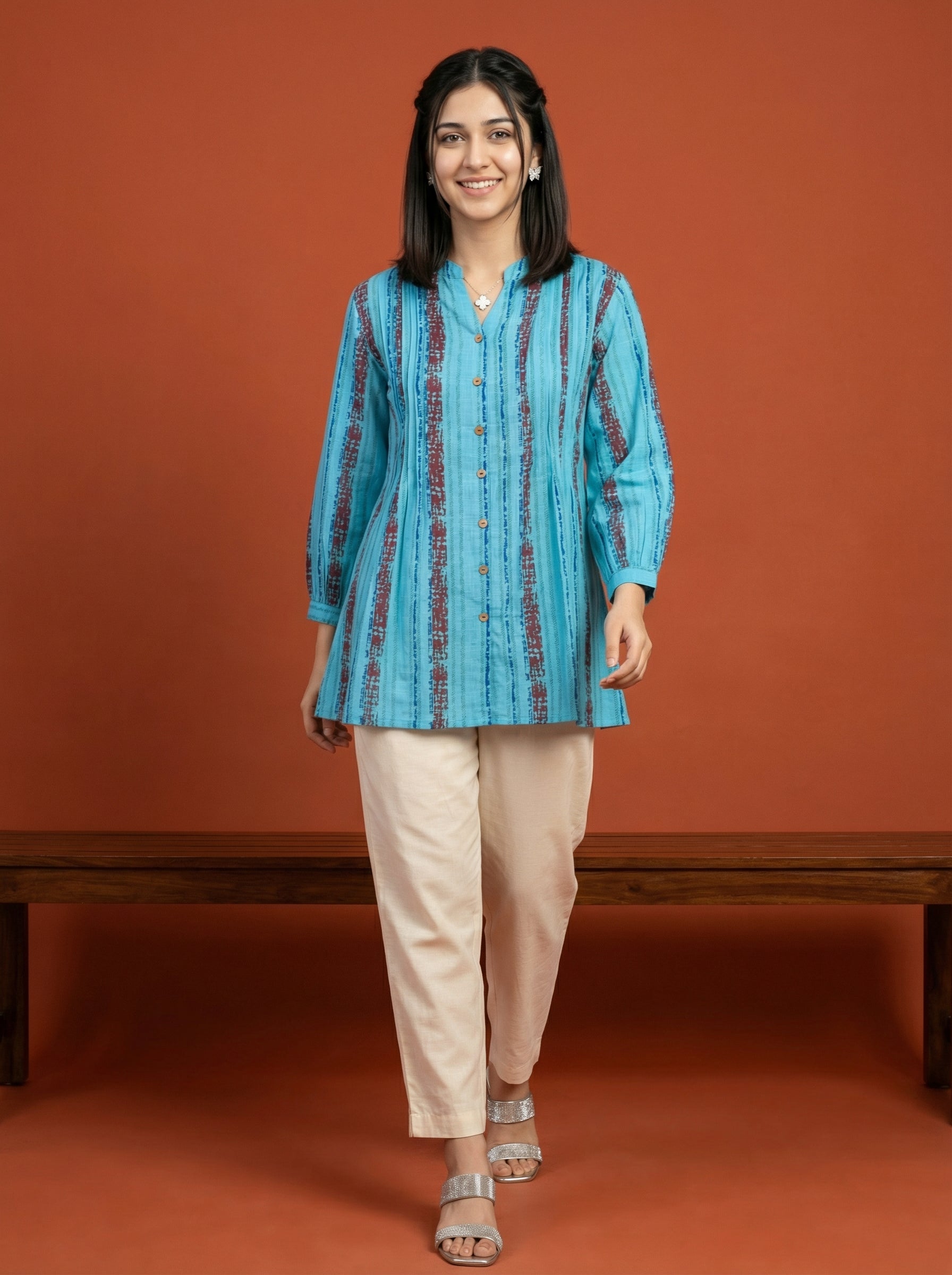 BLOOM GRID SKY BLUE LINEN COTTON TOPS