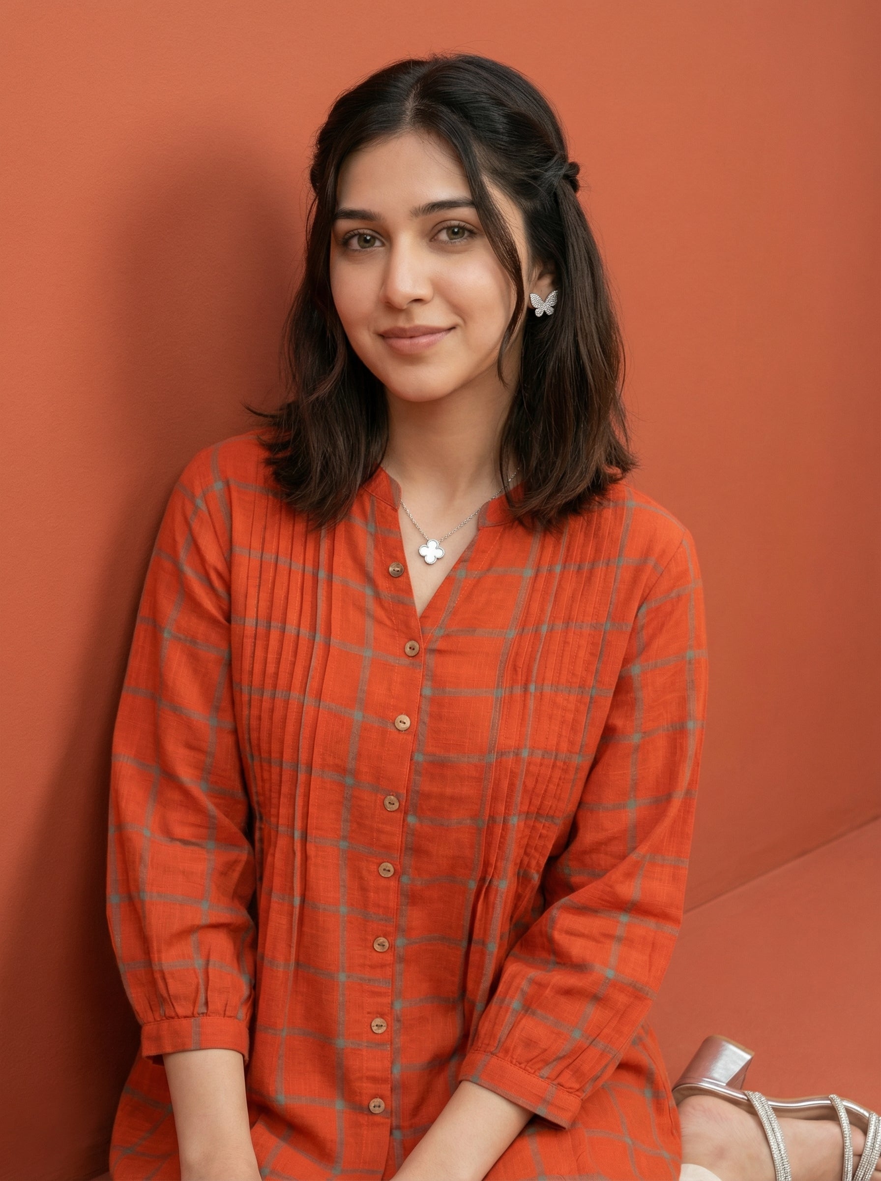 BLOOM GRID ORANGE LINEN COTTON TOPS