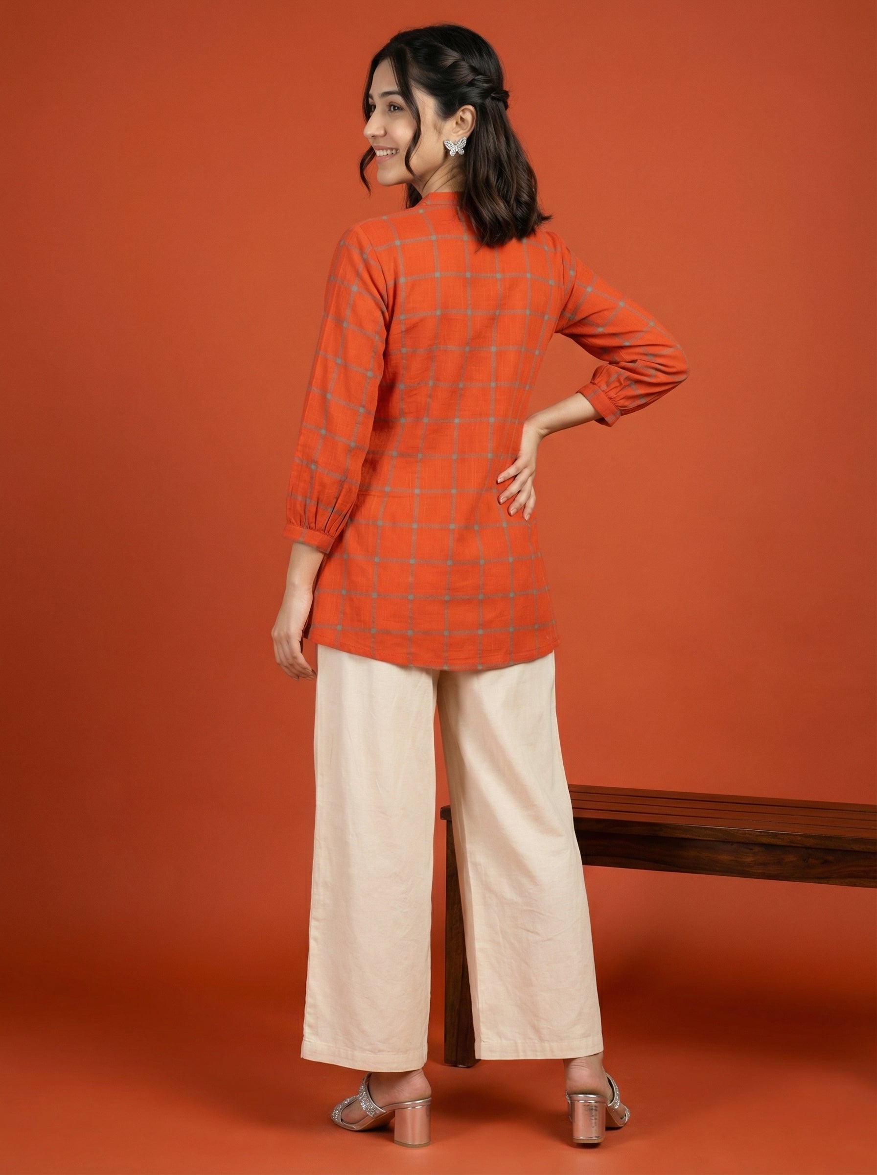 BLOOM GRID ORANGE LINEN COTTON TOPS