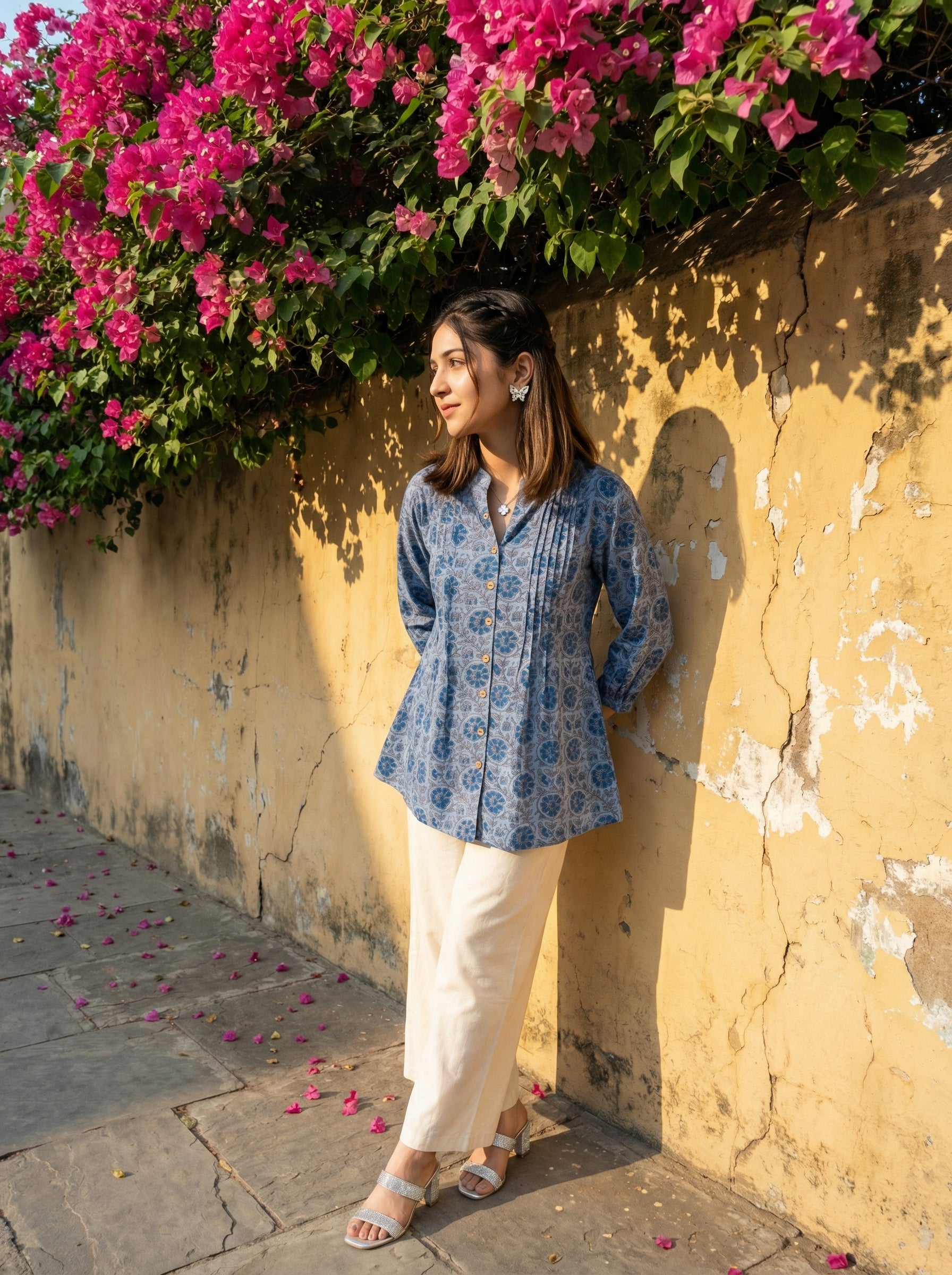 BLOOM GRID BLUE LINEN COTTON TOPS