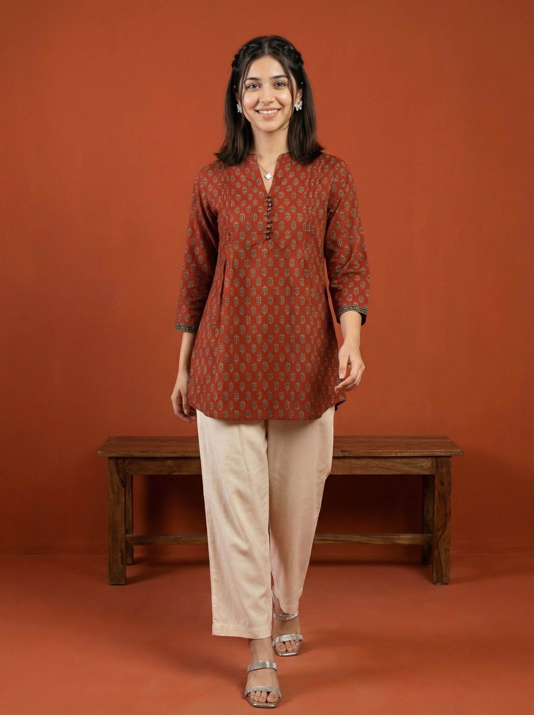 EVERYDAY WEAR BRICK RED AESTHETIC TOP (HANDPRINTED)