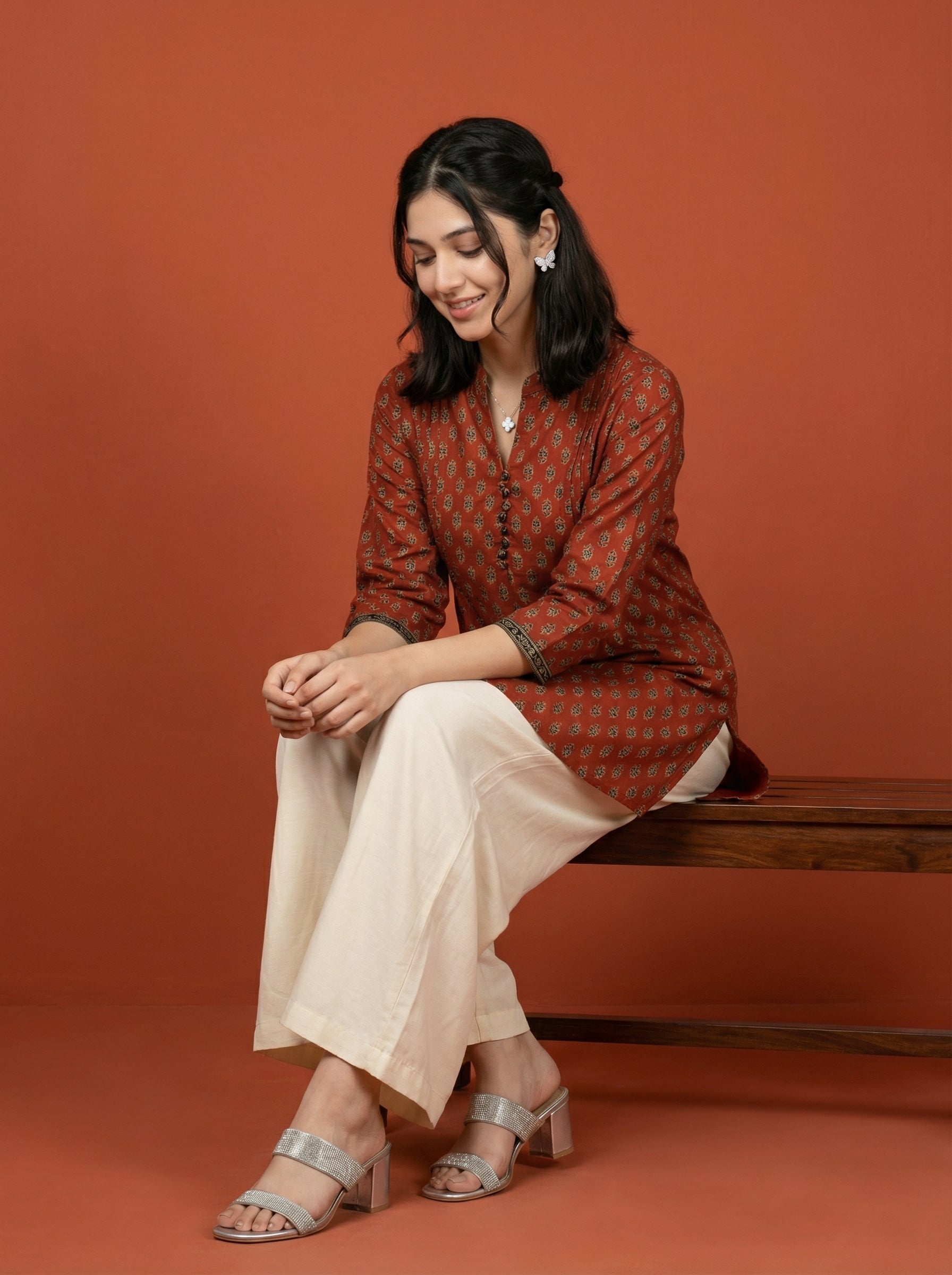 EVERYDAY WEAR BRICK RED AESTHETIC TOP (HANDPRINTED)