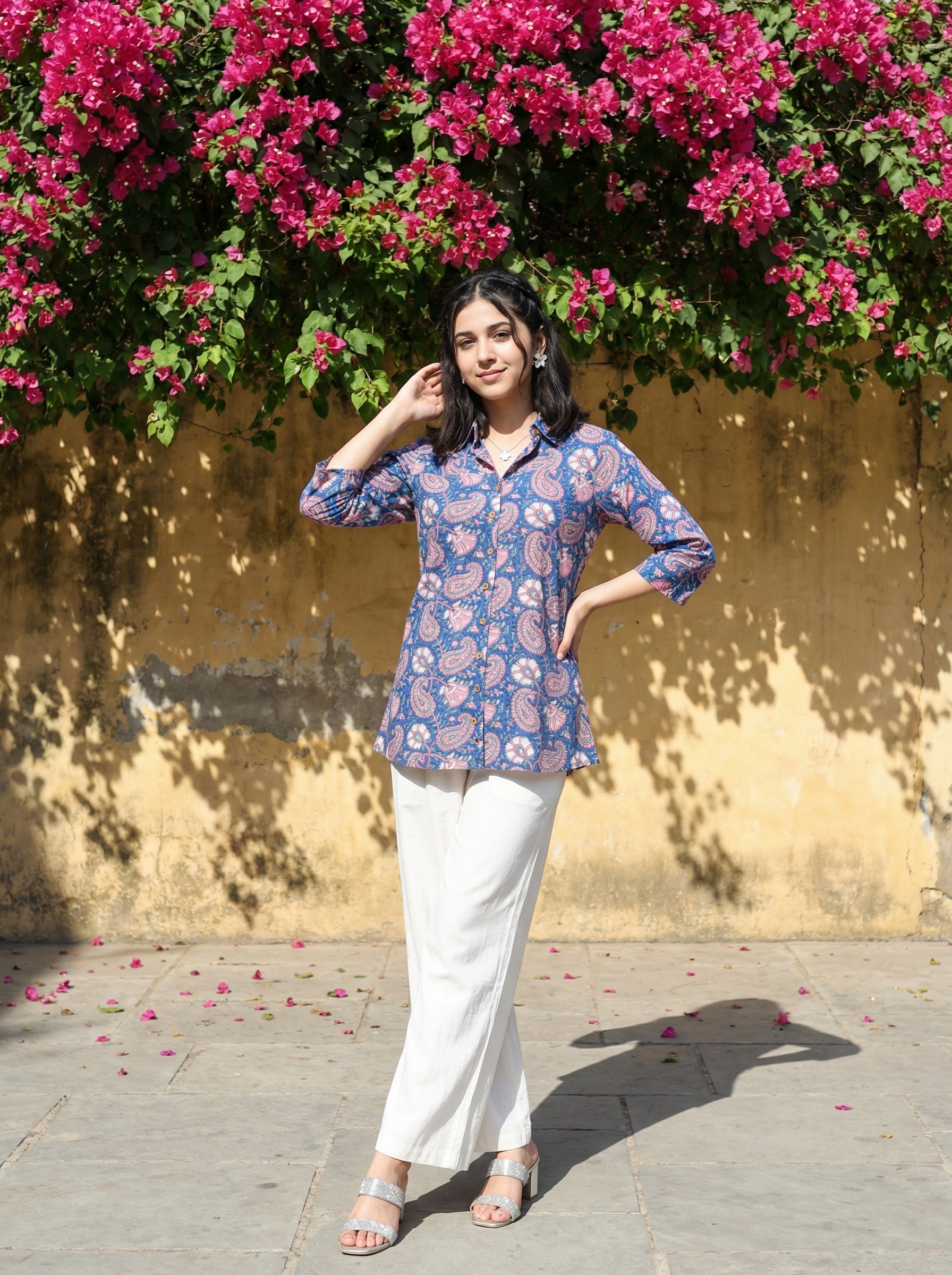 Artisan Bloom Handblock Blue/Pink Collar Cotton Top