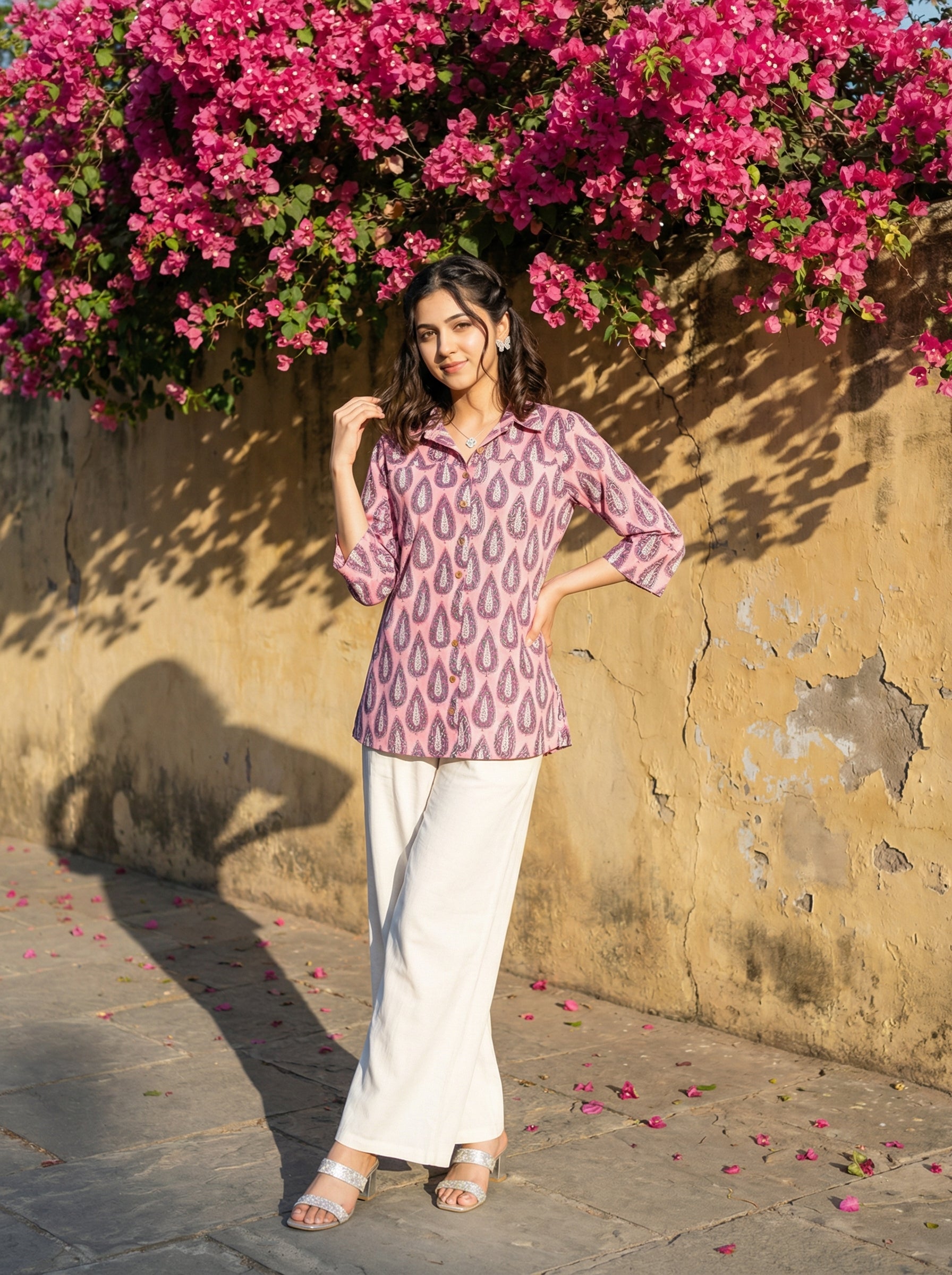 Artisan Bloom Handblock Pink/Purple Collar Cotton Top