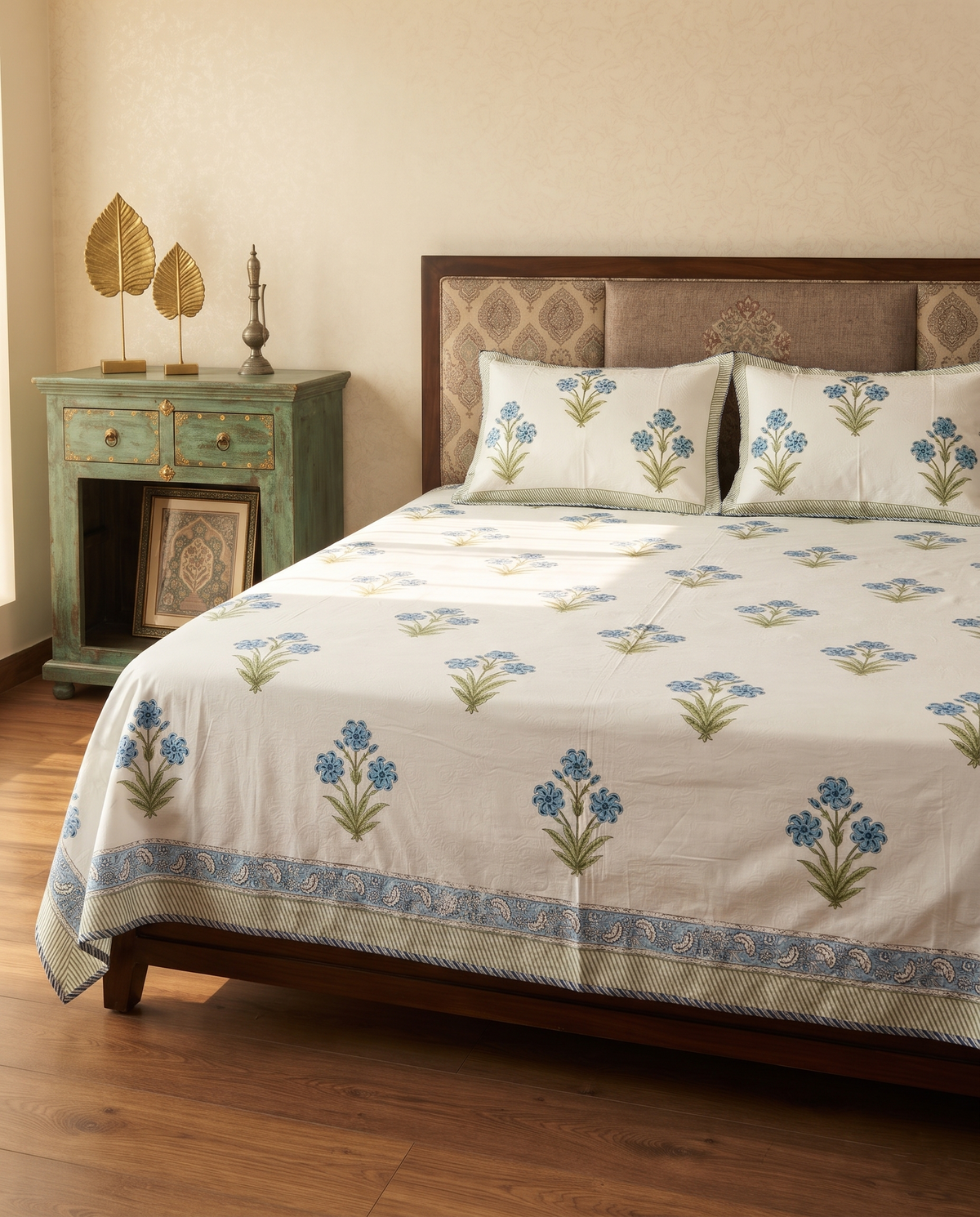 AZURE BLOOM HAND BLOCK JACQUARD BEDCOVER